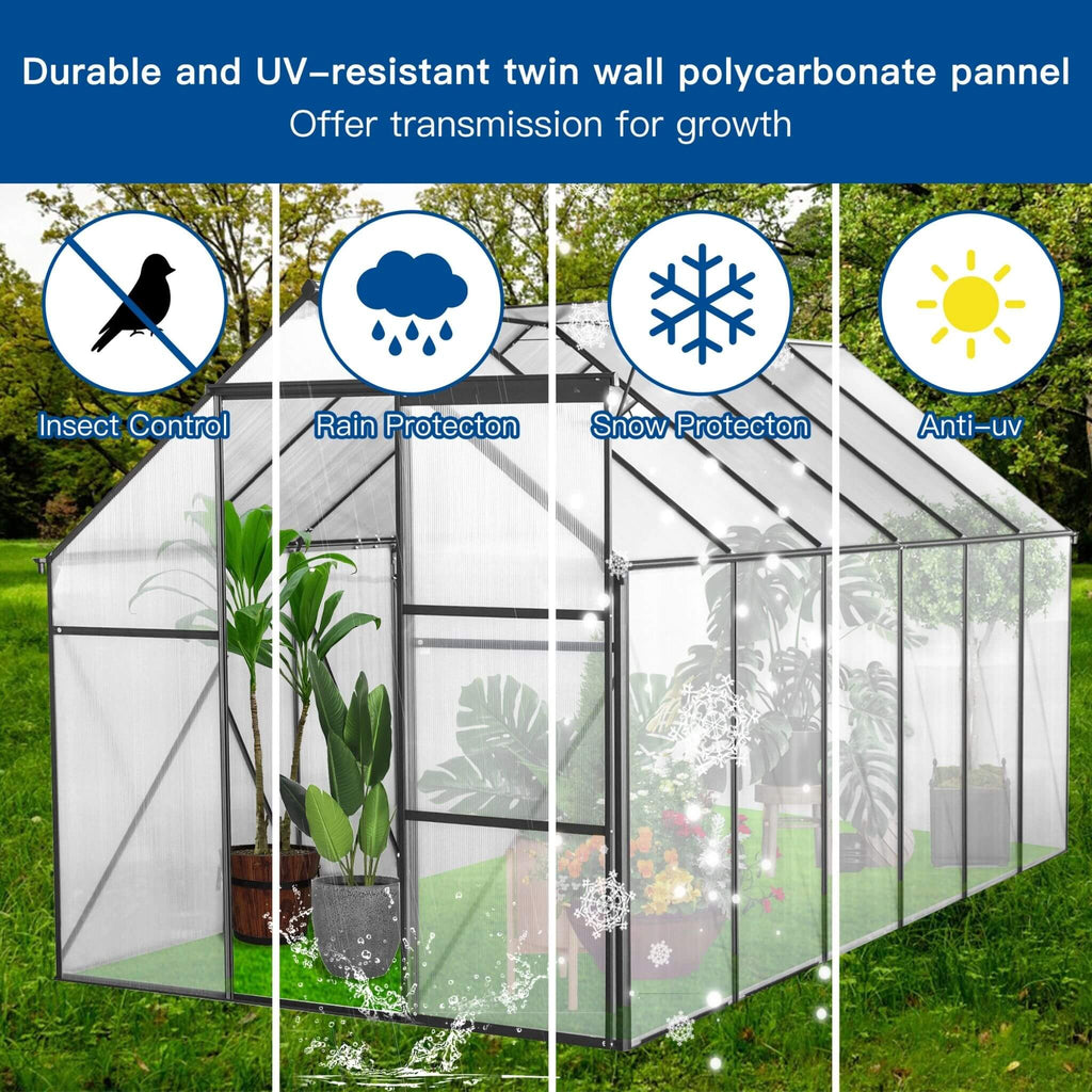 6' x 12' FT Alora Heavy-Duty Black Polycarbonate Greenhouse With Raised Base And Anchor