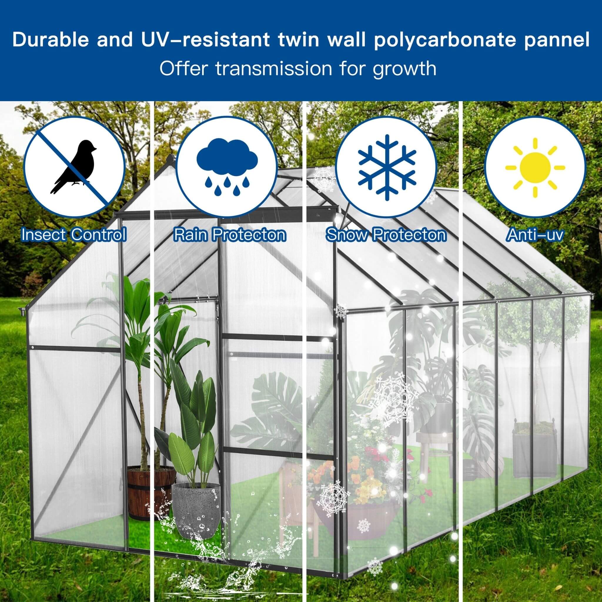 6' x 12' FT Alora Heavy-Duty Black Polycarbonate Greenhouse With Raised Base And Anchor