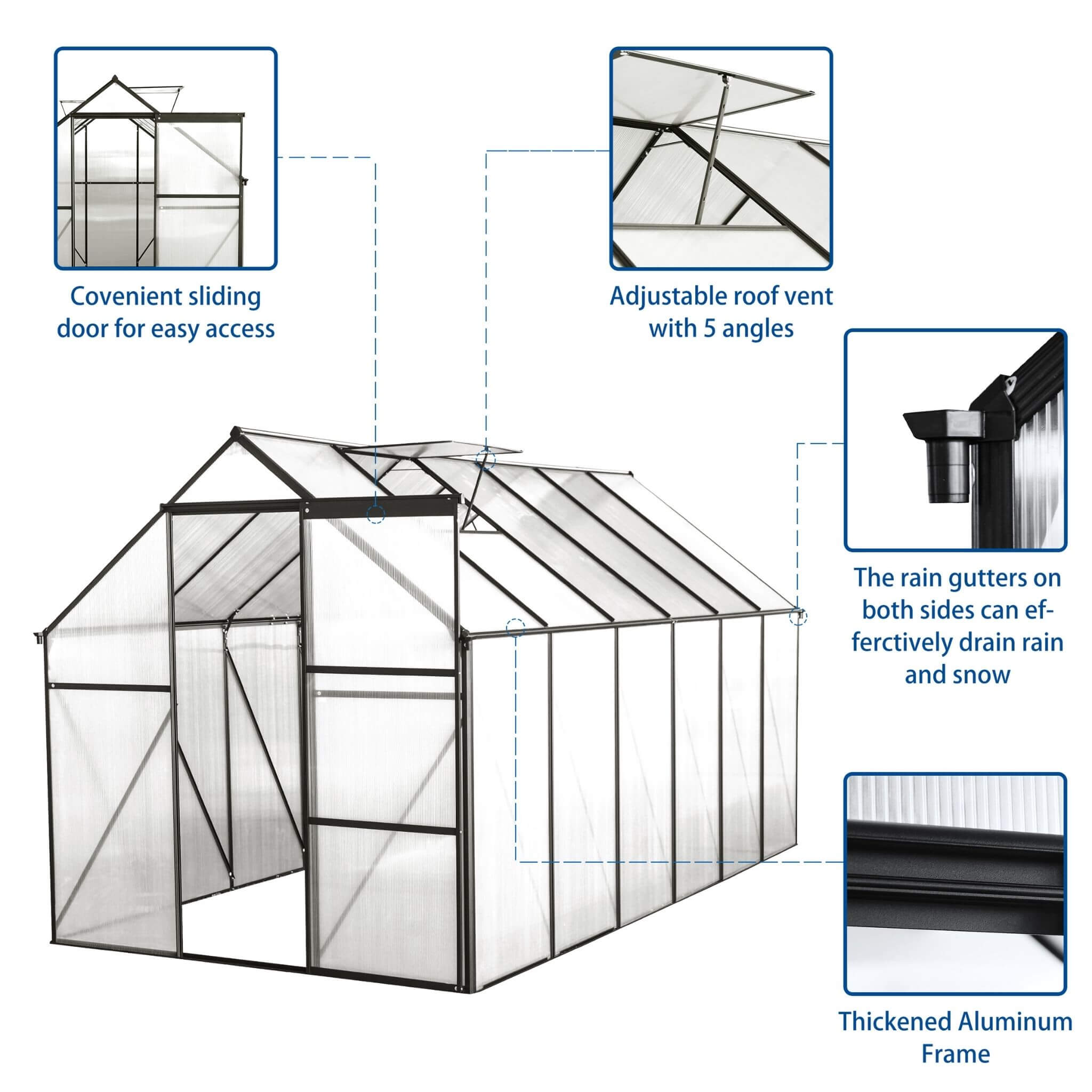 6' x 12' FT Alora Heavy-Duty Black Polycarbonate Greenhouse With Raised Base And Anchor