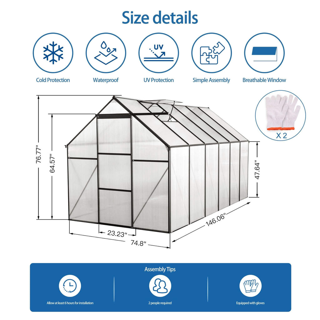 6' x 12' FT Alora Heavy-Duty Black Polycarbonate Greenhouse With Raised Base And Anchor