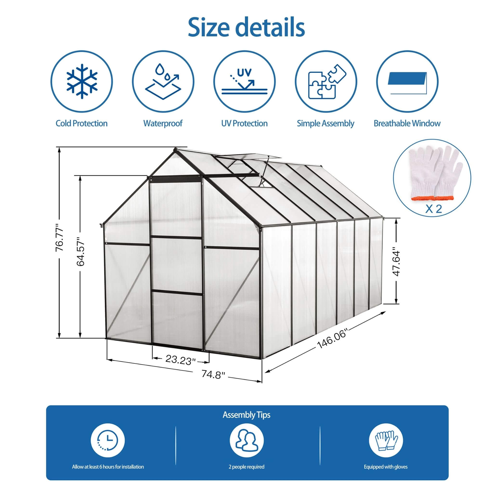 6' x 12' FT Alora Heavy-Duty Black Polycarbonate Greenhouse With Raised Base And Anchor