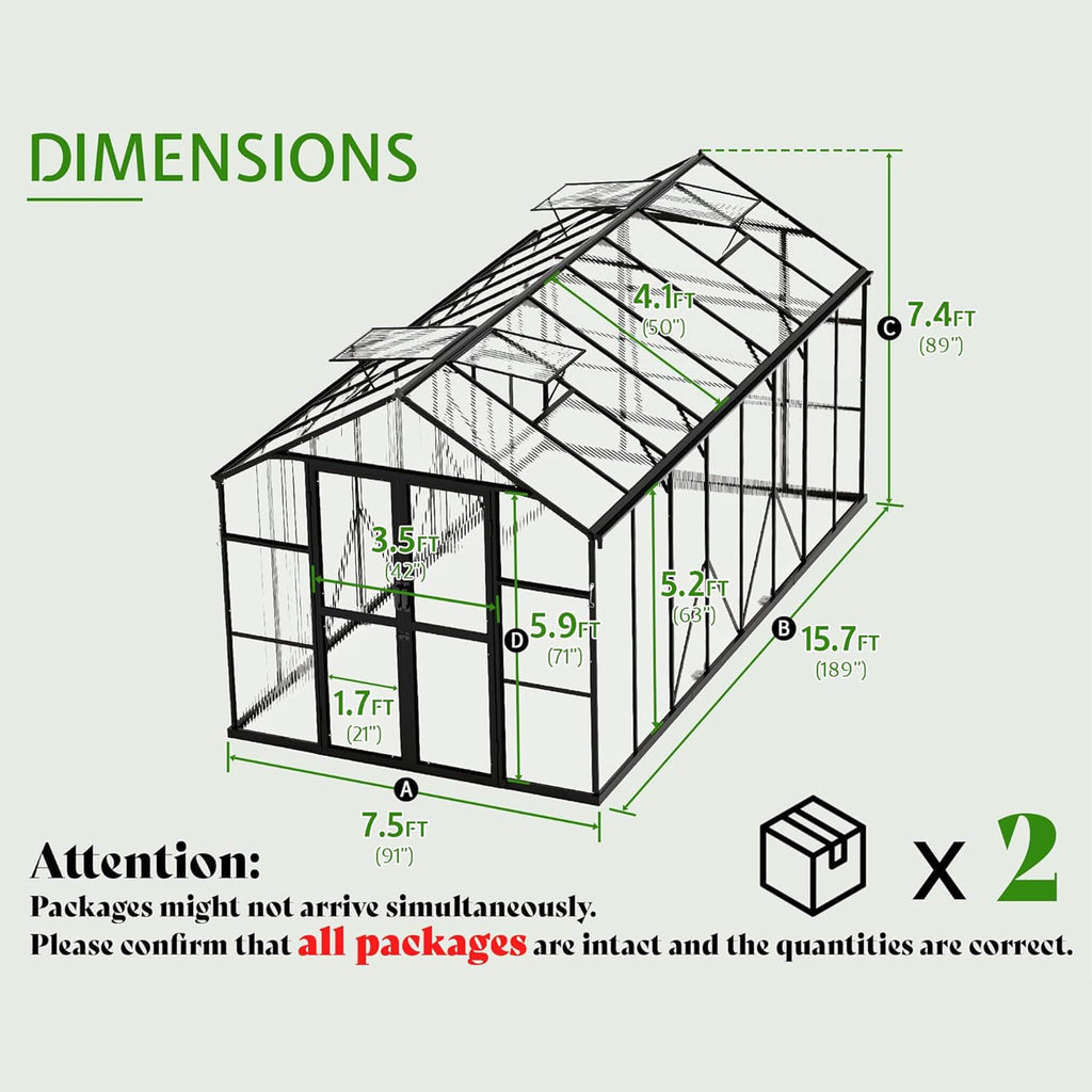8' x 16' FT Premium Polycarbonate Outdoor Walk-In Patio Greenhouse With Double Swing Doors, 4MM