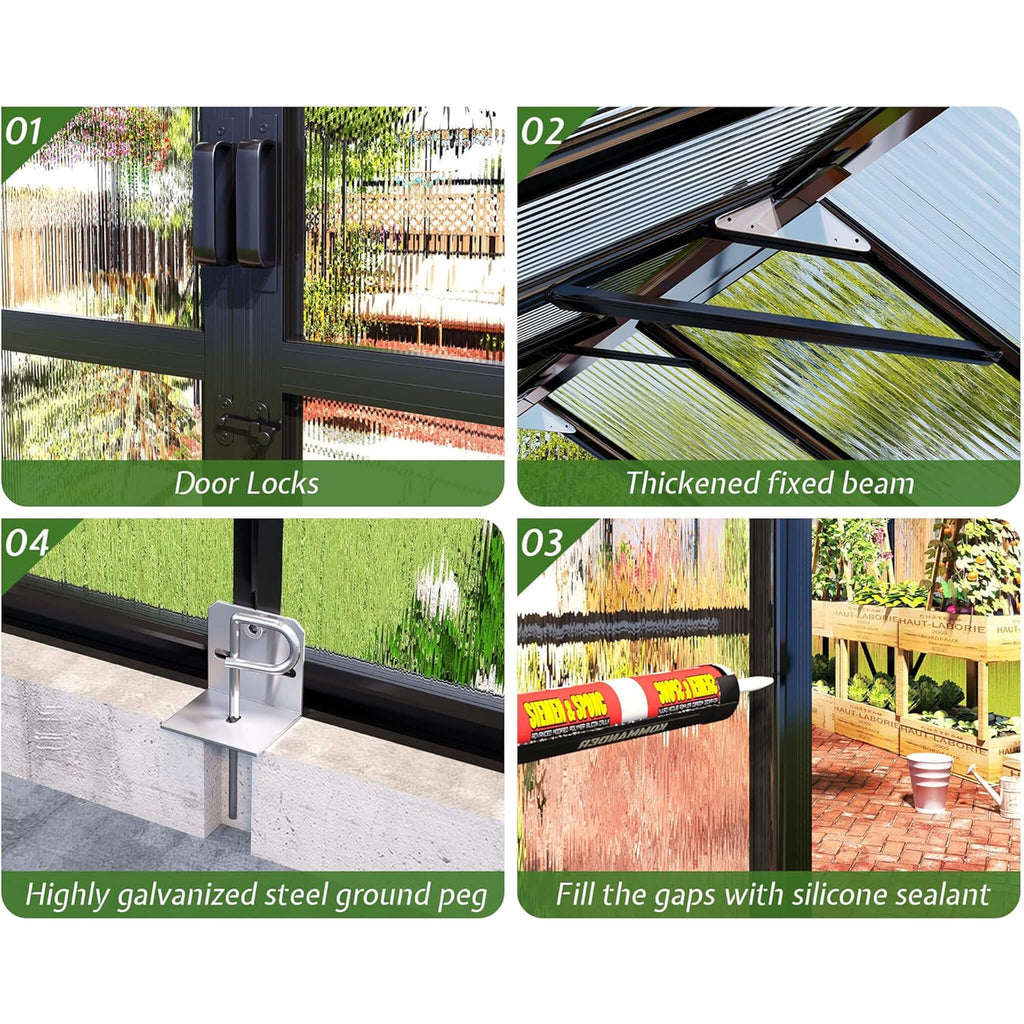 8' x 16' FT Premium Polycarbonate Outdoor Walk-In Patio Greenhouse With Double Swing Doors, 4MM