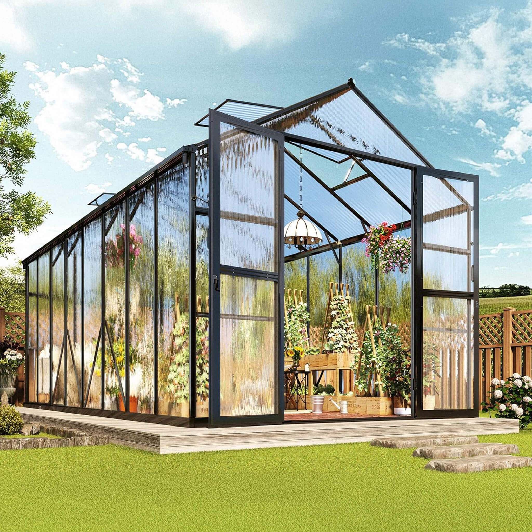8' x 16' FT Premium Polycarbonate Outdoor Walk-In Patio Greenhouse With Double Swing Doors, 4MM