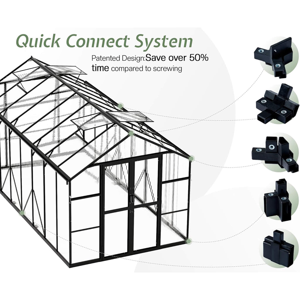 8' x 16' FT Premium Polycarbonate Outdoor Walk-In Patio Greenhouse With Double Swing Doors, 4MM