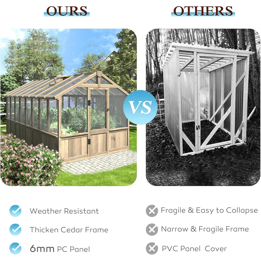 8' x 16' FT Large Heavy-Duty Outdoor Wooden Greenhouse With 6MM Polycarbonate Panels And Vent Roof