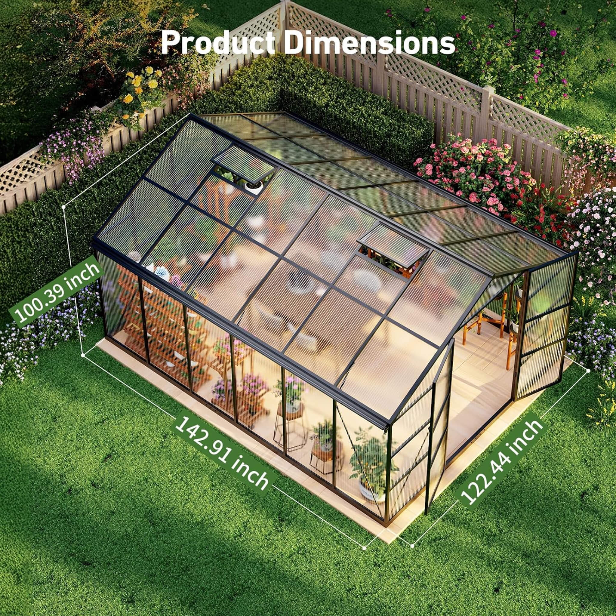 10FT x 12FT Outdoor Polycarbonate Aluminum Greenhouse with UV Protection and Thermometer