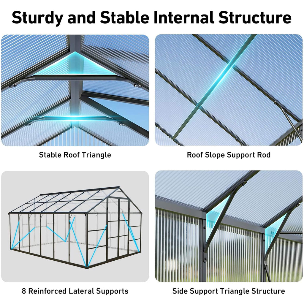 10FT x 12FT Outdoor Polycarbonate Aluminum Greenhouse with UV Protection and Thermometer