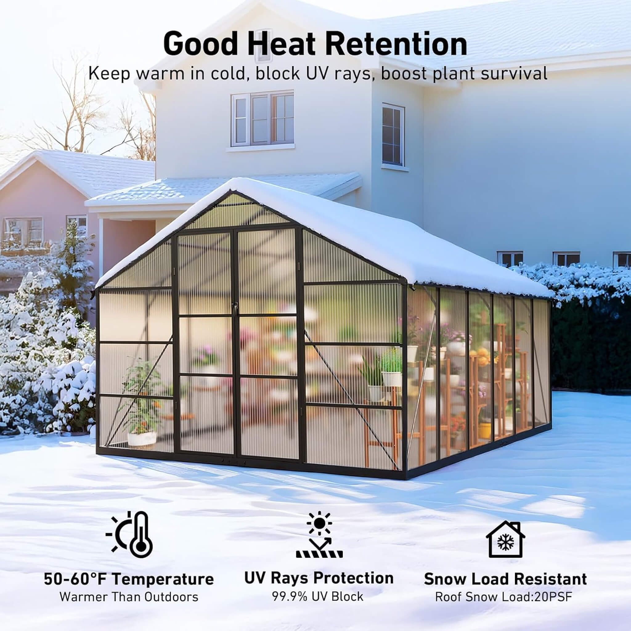 10FT x 12FT Outdoor Polycarbonate Aluminum Greenhouse with UV Protection and Thermometer
