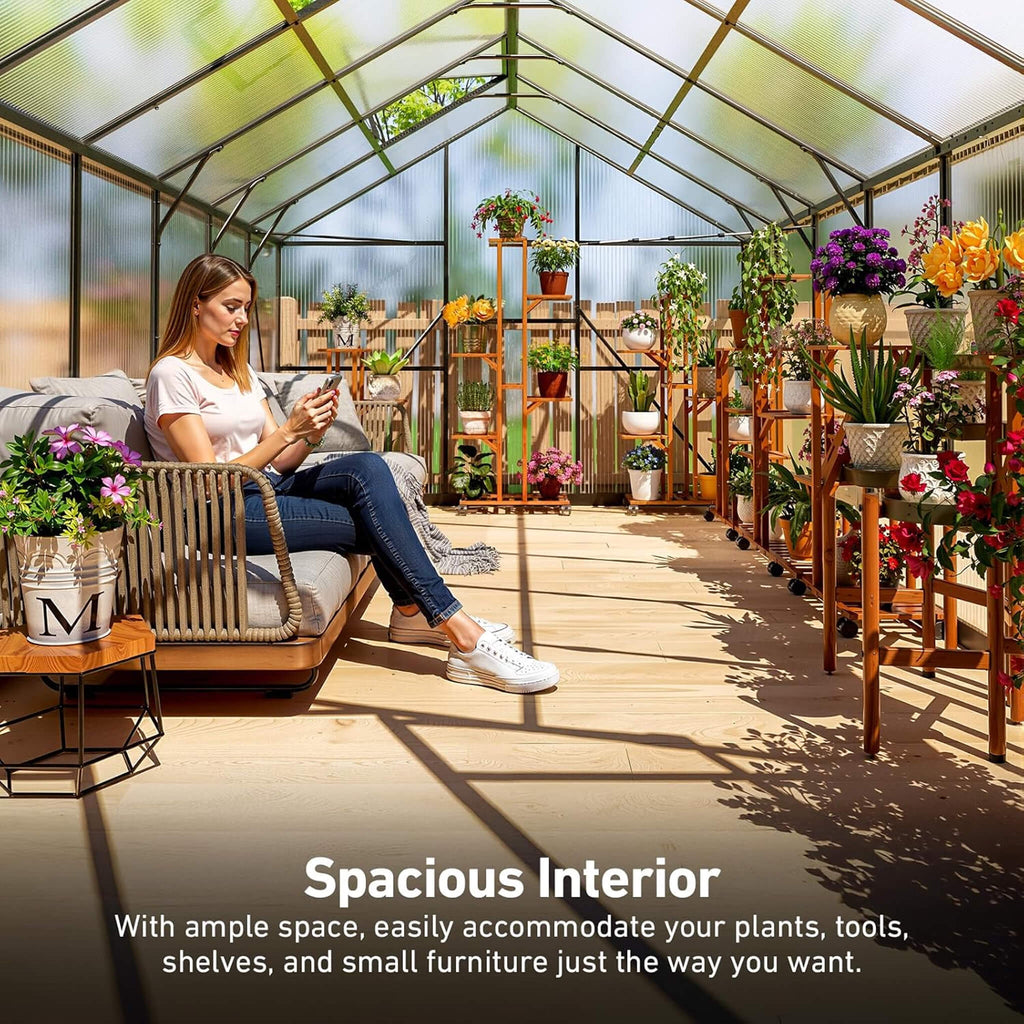 10FT x 12FT Outdoor Polycarbonate Aluminum Greenhouse with UV Protection and Thermometer