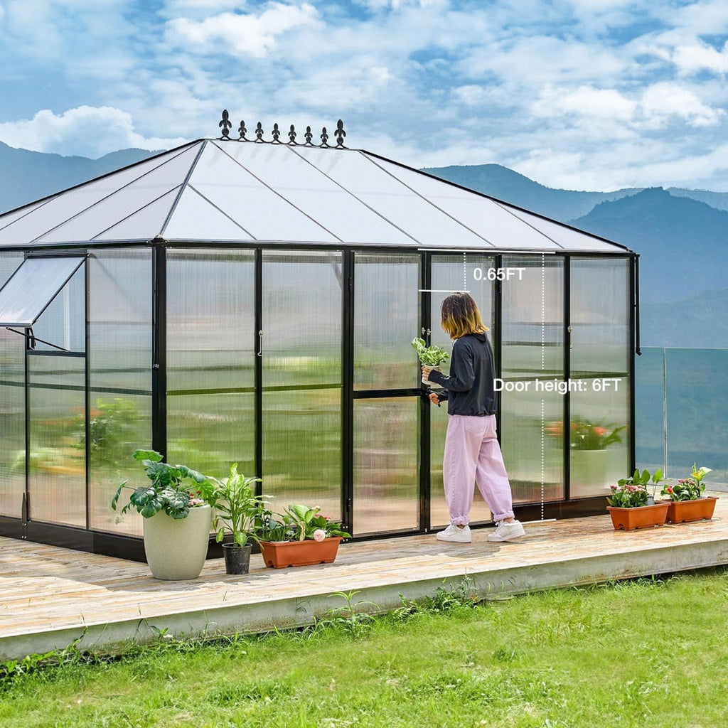 10' x 14' FT Premium Outdoor Polycarbonate Greenhouse With Aluminum Frame And Double Swing Doors