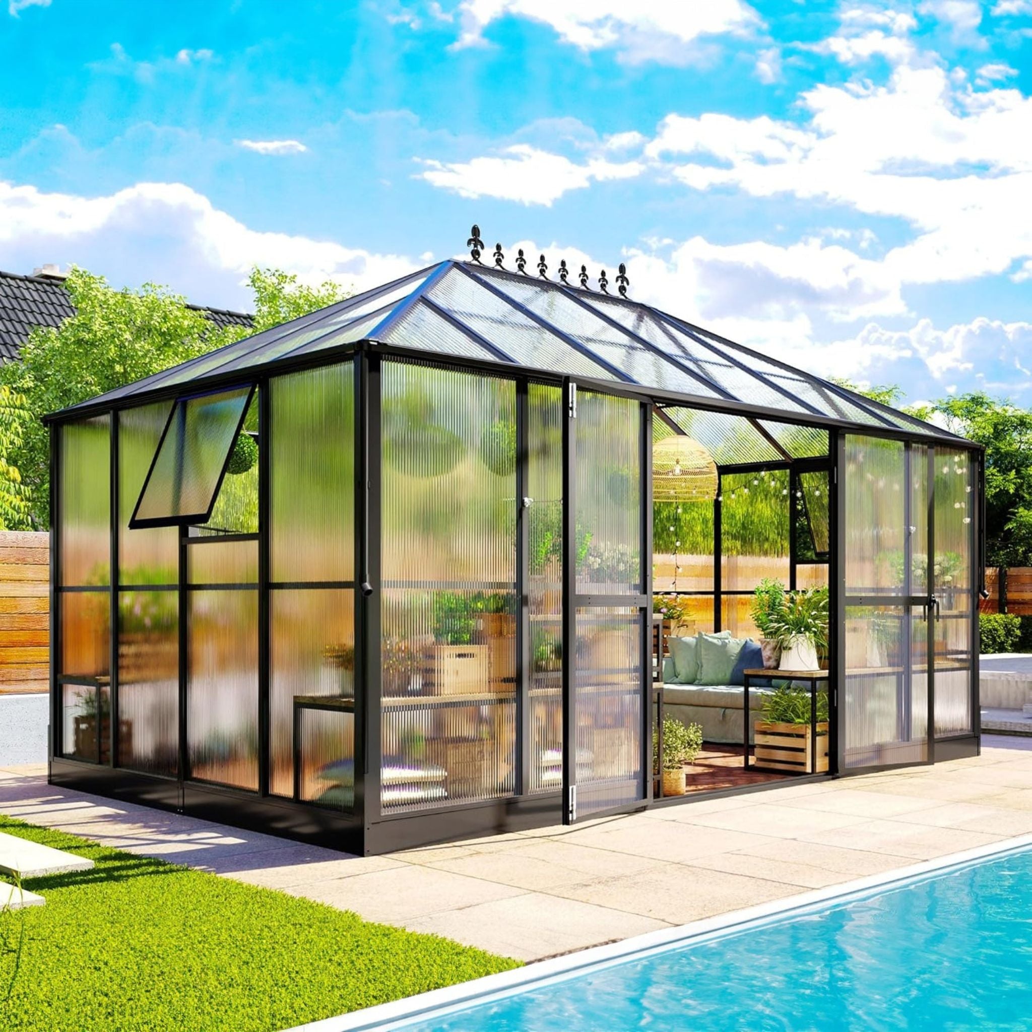 10' x 14' FT Premium Outdoor Polycarbonate Greenhouse With Aluminum Frame And Double Swing Doors