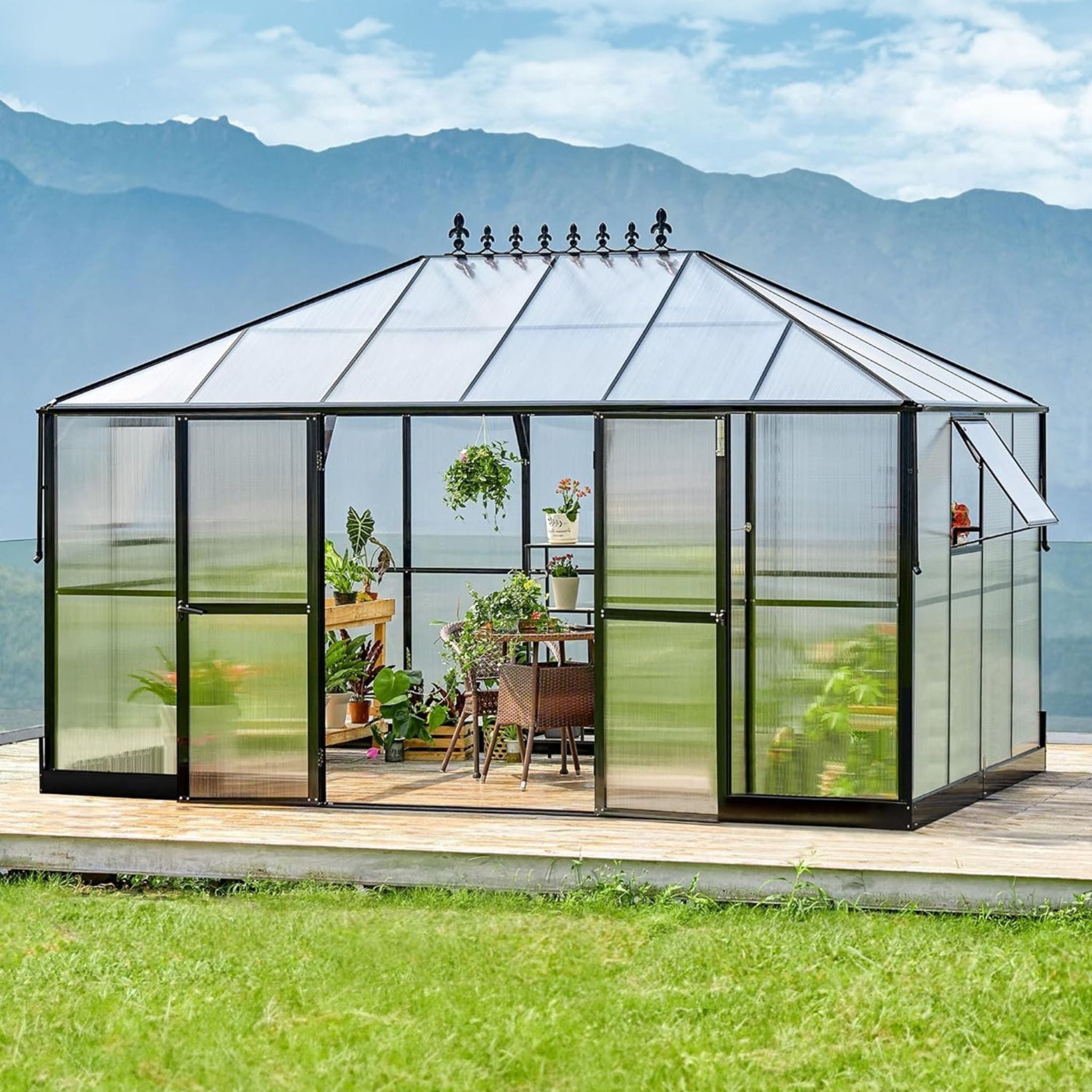 10' x 14' FT Premium Outdoor Polycarbonate Greenhouse With Aluminum Frame And Double Swing Doors