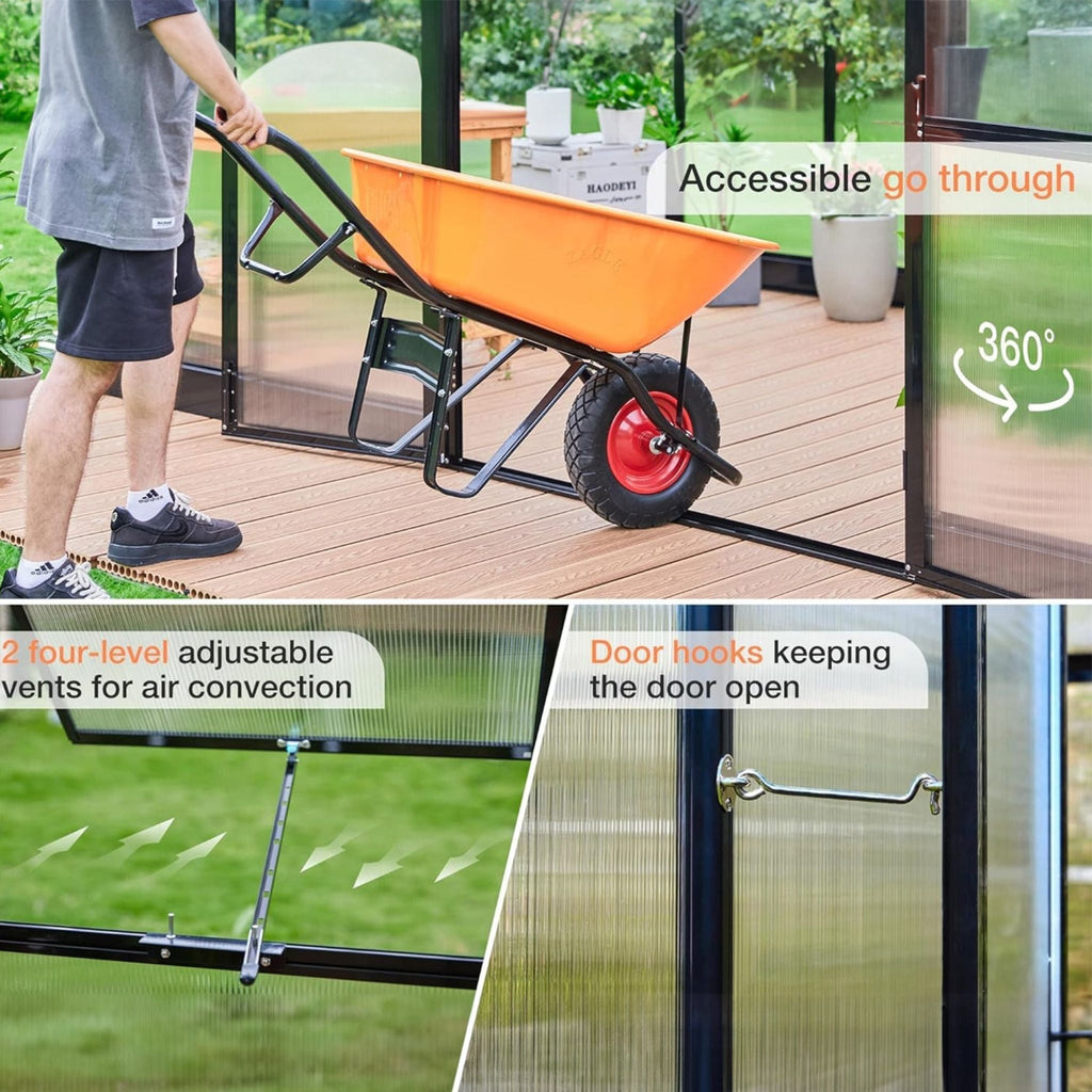 10' x 14' FT Premium Outdoor Polycarbonate Greenhouse With Aluminum Frame And Double Swing Doors