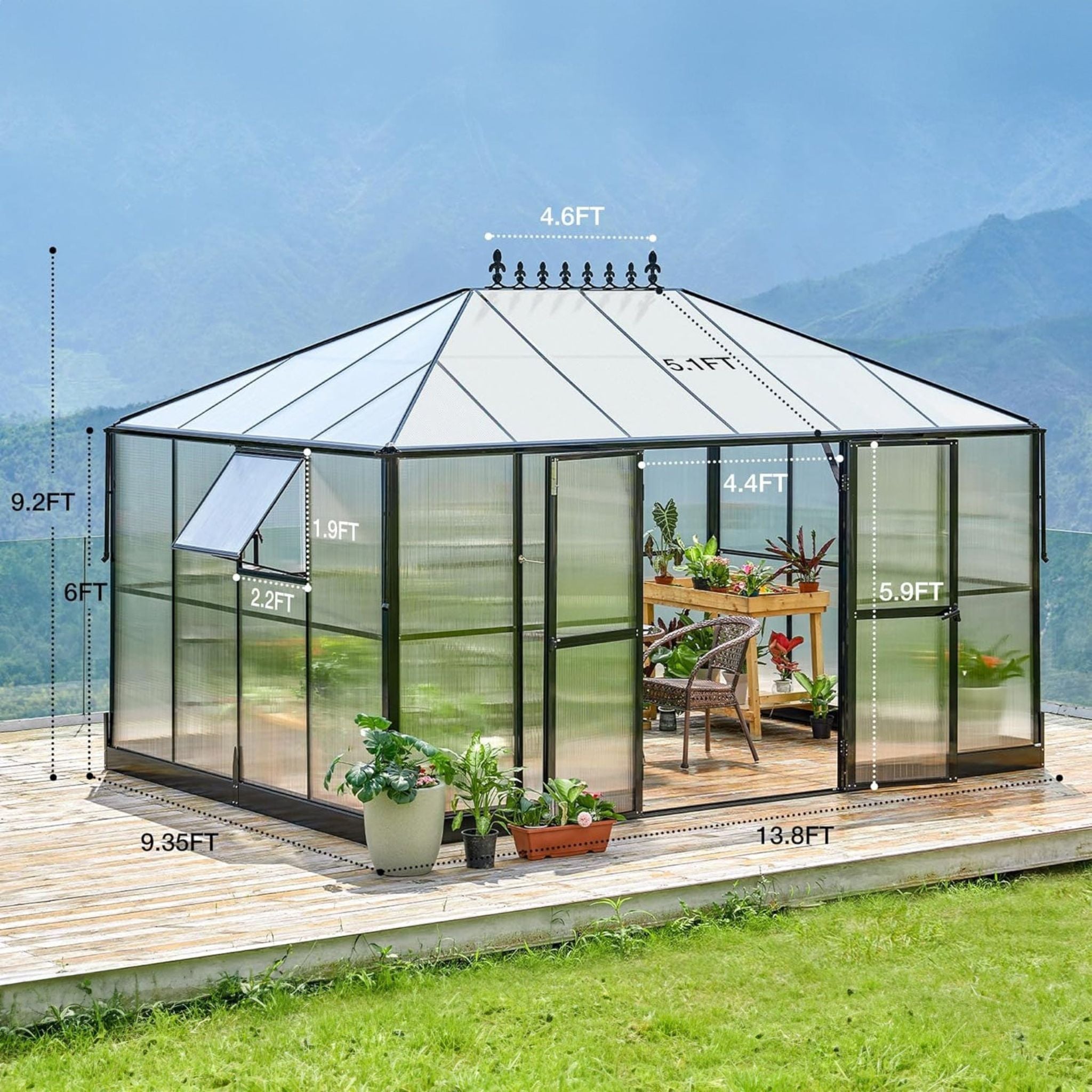 10' x 14' FT Premium Outdoor Polycarbonate Greenhouse With Aluminum Frame And Double Swing Doors