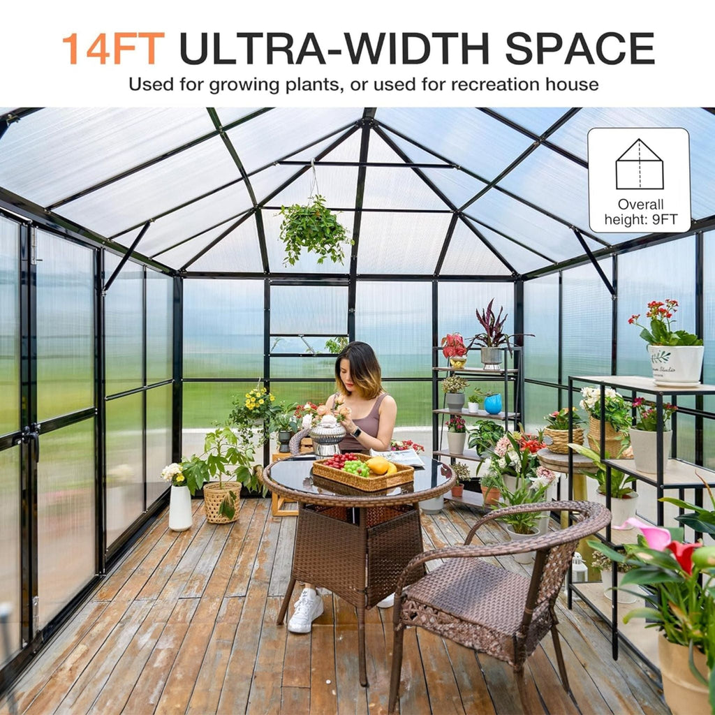 10' x 14' FT Premium Outdoor Polycarbonate Greenhouse With Aluminum Frame And Double Swing Doors