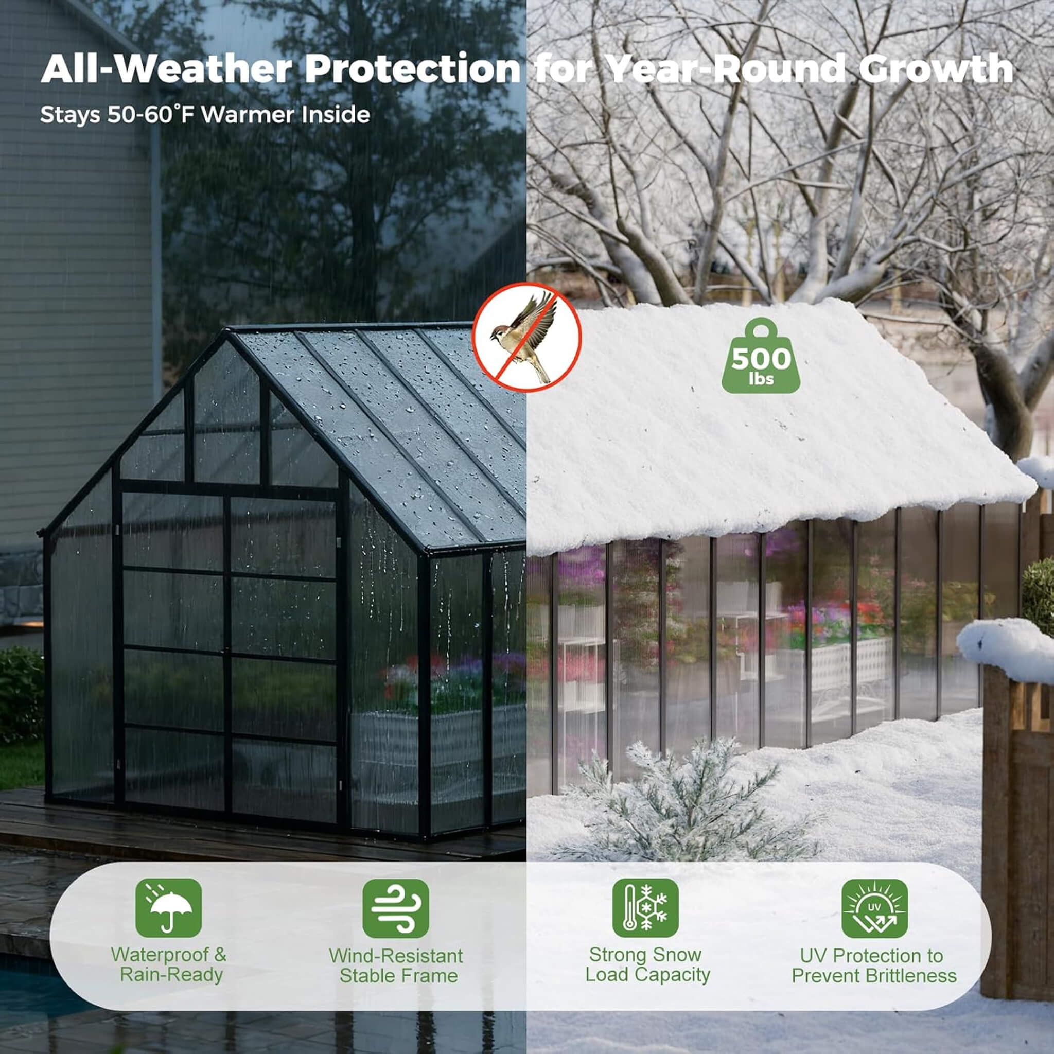 10FT x 24FT Heavy-Duty Outdoor Aluminum Polycarbonate Greenhouse with Roof Vents and Swing Doors, 4MM