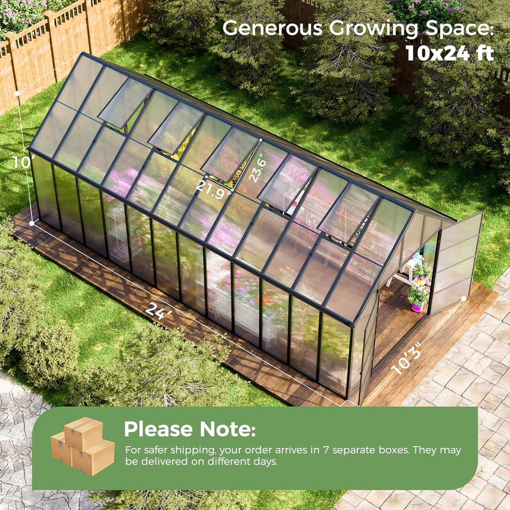 10FT x 24FT Heavy-Duty Outdoor Aluminum Polycarbonate Greenhouse with Roof Vents and Swing Doors, 4MM