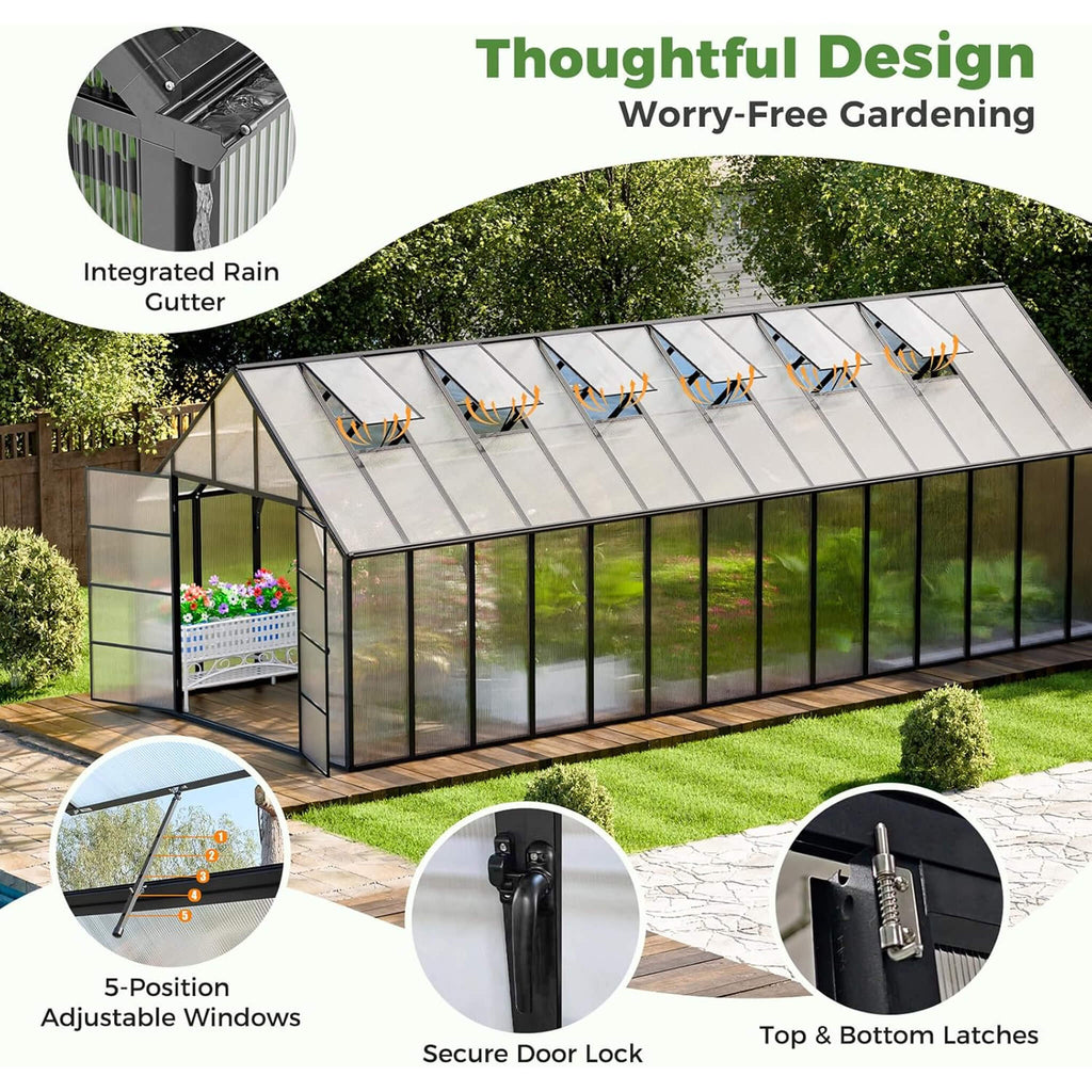 10FT x 28FT Heavy-Duty Outdoor Aluminum Polycarbonate Greenhouse with Roof Vents and Swing Doors, 4MM