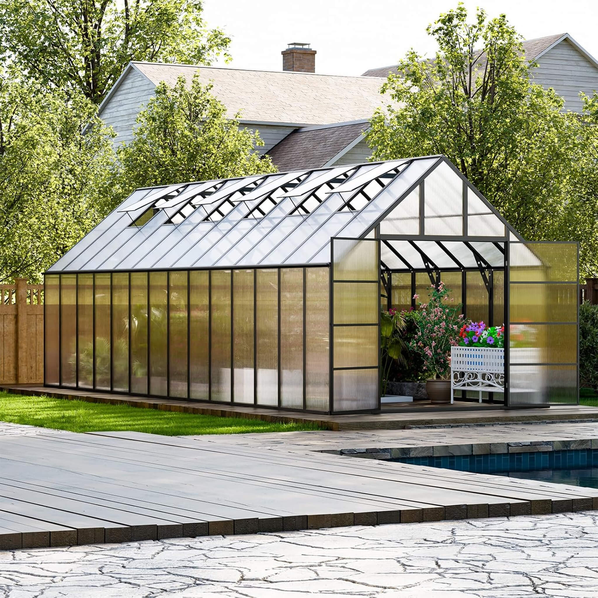 10FT x 28FT Heavy-Duty Outdoor Aluminum Polycarbonate Greenhouse with Roof Vents and Swing Doors, 4MM