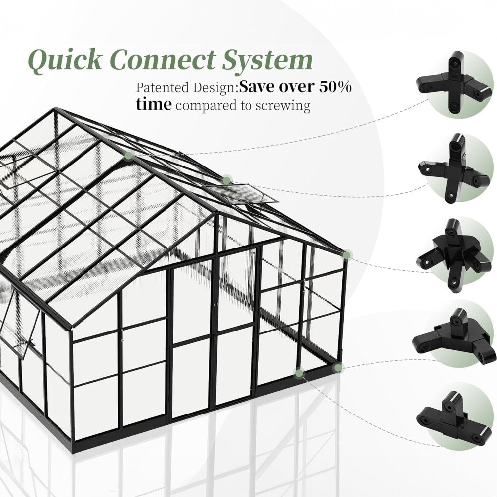 12 ' x 13' 5" FT Premium Extra Large Outdoor Aluminum Polycarbonate Greenhouse With Quick Connect Fitting