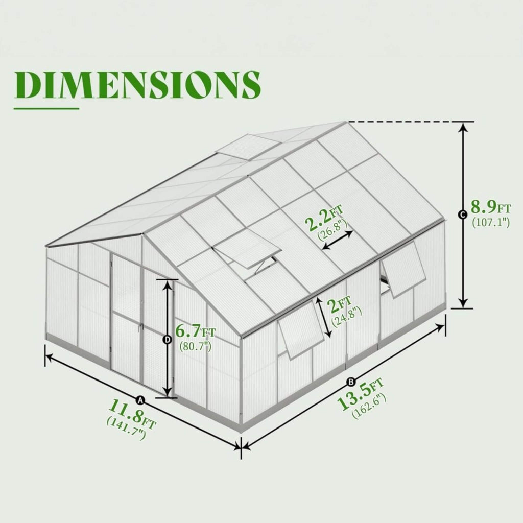 12 ' x 13' 5" FT Premium Extra Large Outdoor Aluminum Polycarbonate Greenhouse With Quick Connect Fitting