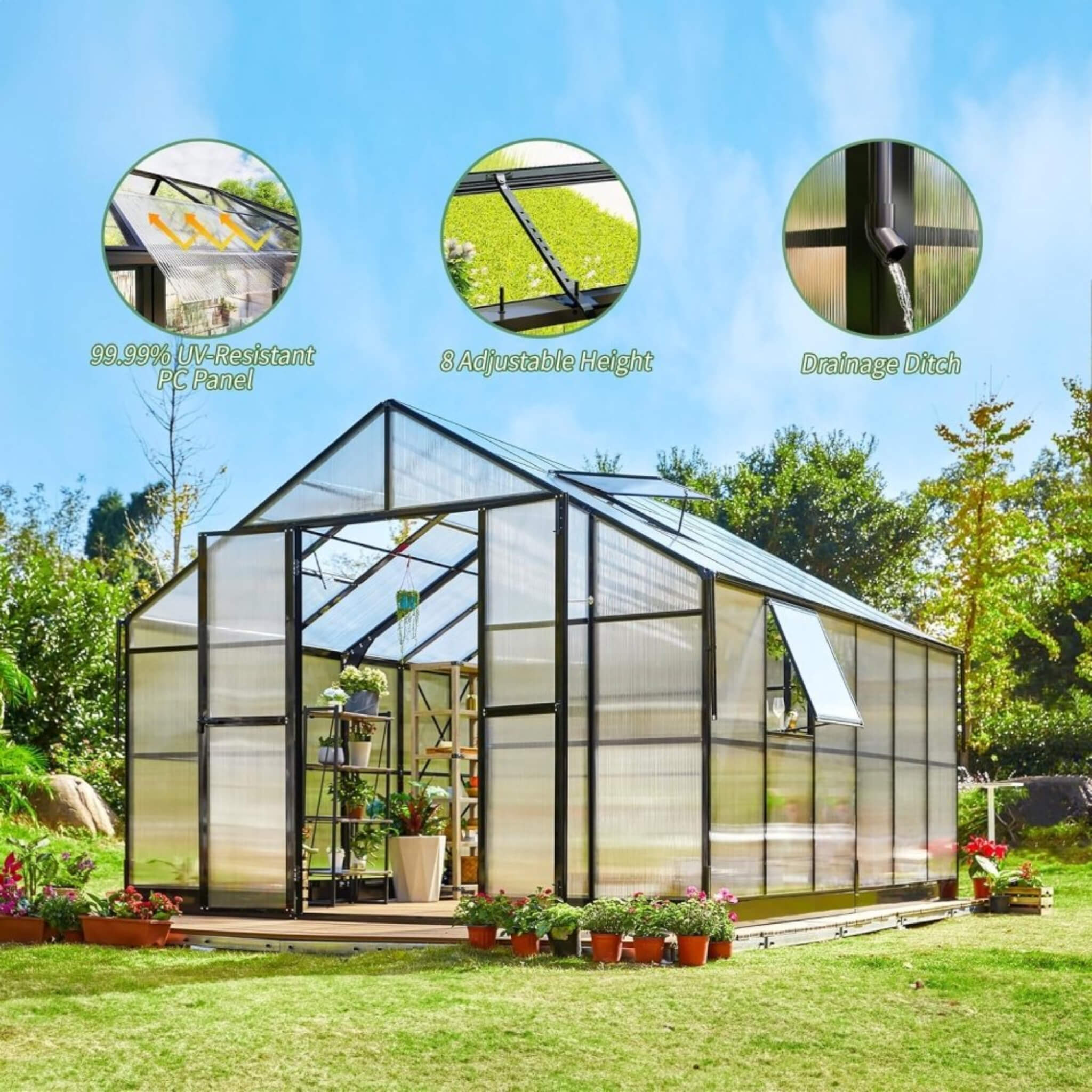 12 ' x 13' 5" FT Premium Extra Large Outdoor Aluminum Polycarbonate Greenhouse With Quick Connect Fitting