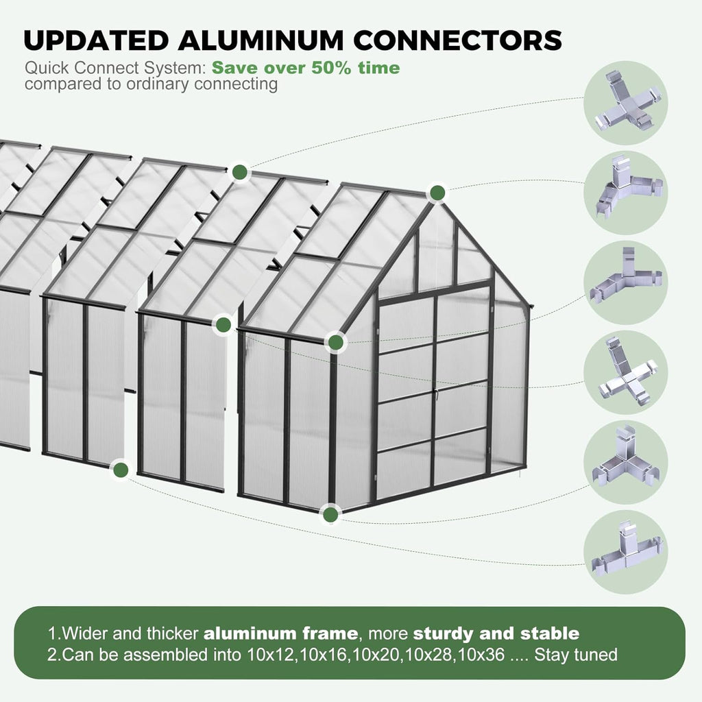 CDCASA 10x36 FT Greenhouse for Outdoors,Large Easy Assembly Thicker Aluminum Polycarbonate Greenhouses w/8 Windows, Double Door, Walk-in Green House for Outside,Patio,Backyard,Garden