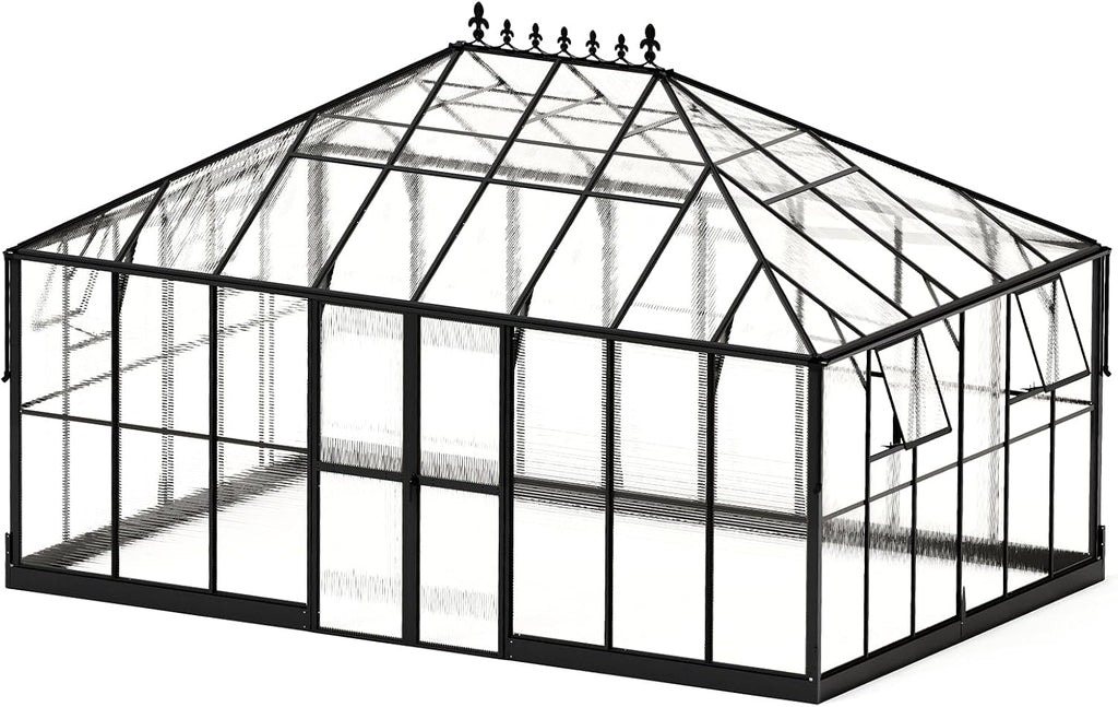 Jocisland 16x12x9.5 FT Polycarbonate Greenhouse- 6 FT Wall Height Outdoor Aluminum Greenhouses with 2 Ventilation and Rain Gutter, Double Doors with Hook, Walk-in Greenhouse for Backyard Garden