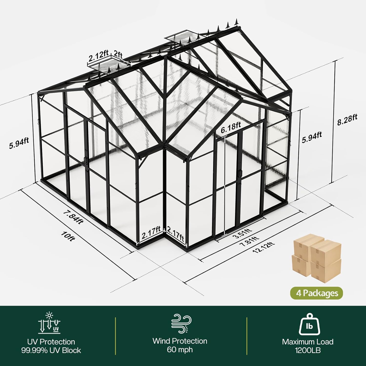 HOWE 12x10x8 FT Outdoor Greenhouse, Quick-Connect Aluminum Frame with 2 Vents, Dual Hinged Doors, UV-Protective Panels, Walk-in Chalet-Style Garden Greenhouse for Backyard, Black