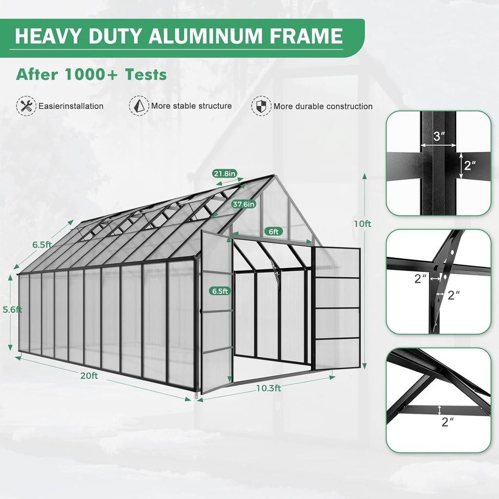 10x20 FT Greenhouse for Outdoor, Large Easy Assembly Heavy Duty Polycarbonate Panels Aluminum Frame Walk-in Green House with 3 Windows Wider Door for Garden Plants
