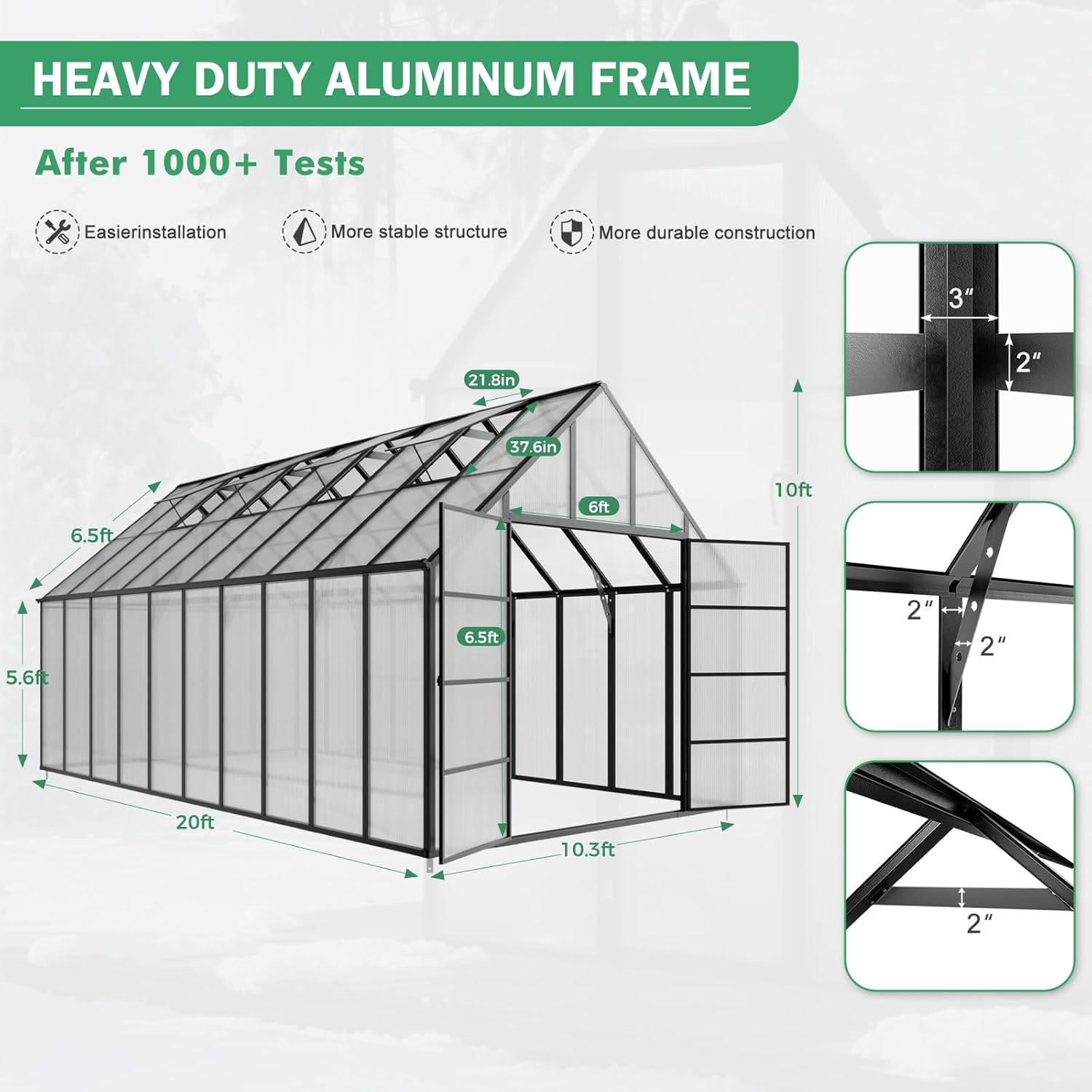 10x20 FT Greenhouse for Outdoor, Large Easy Assembly Heavy Duty Polycarbonate Panels Aluminum Frame Walk-in Green House with 3 Windows Wider Door for Garden Plants