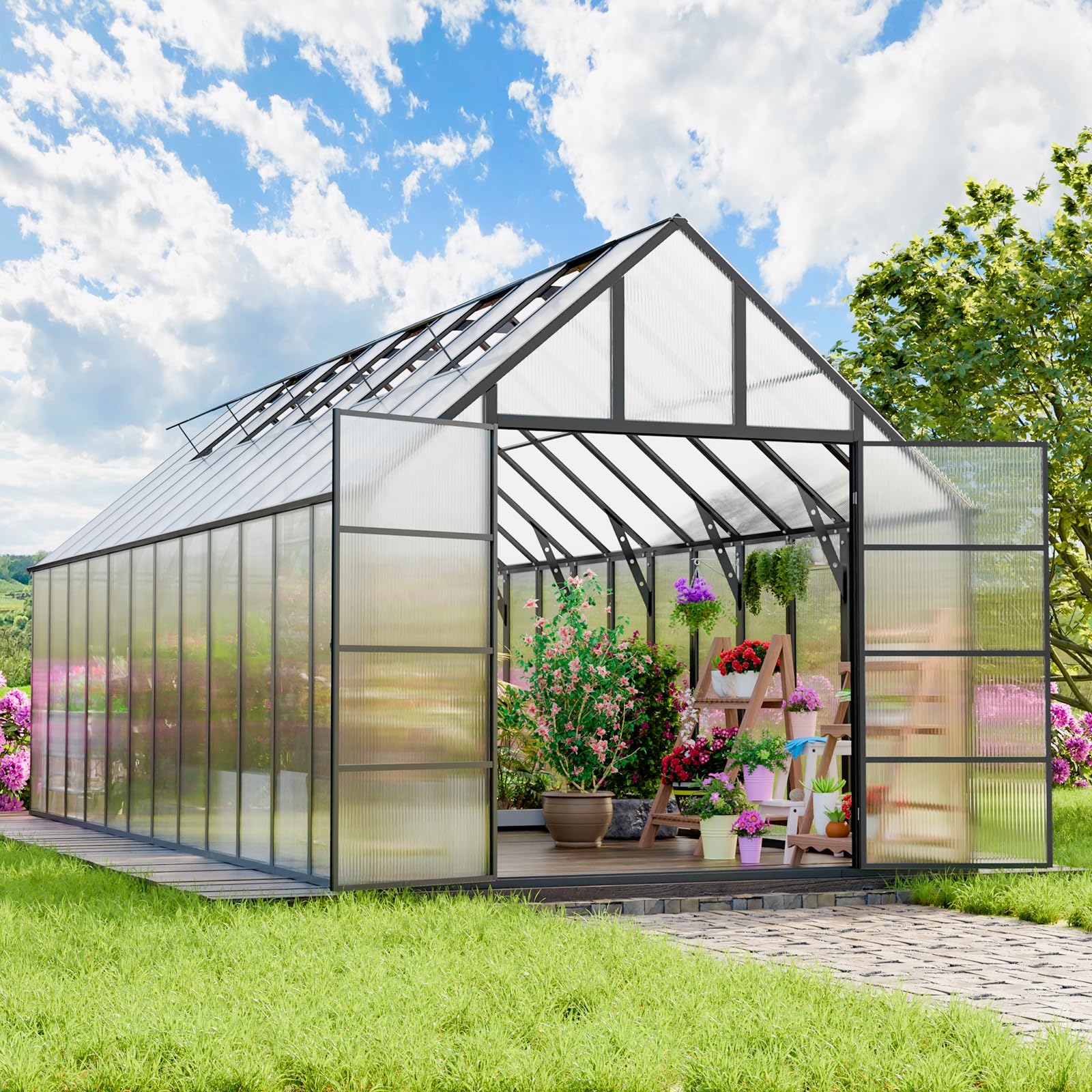 K Knowbody 16x10x10 FT Greenhouse for Outdoors, Large Thicker Aluminum Polycarbonate, 3 Vent Windows, Swing Door & Quick T Connector, Walk-in, for Outside, Backyard, Garden