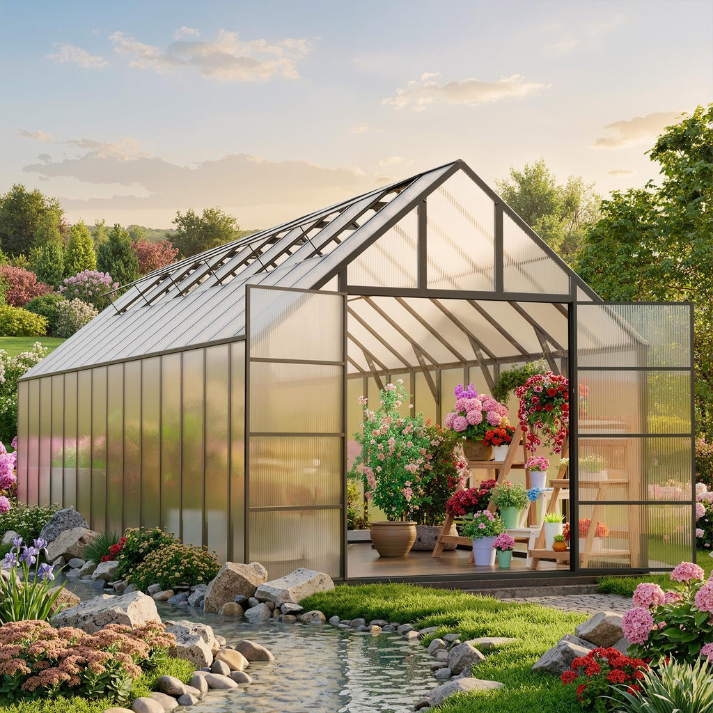 K Knowbody 16x10x10 FT Greenhouse for Outdoors, Large Thicker Aluminum Polycarbonate, 3 Vent Windows, Swing Door & Quick T Connector, Walk-in, for Outside, Backyard, Garden