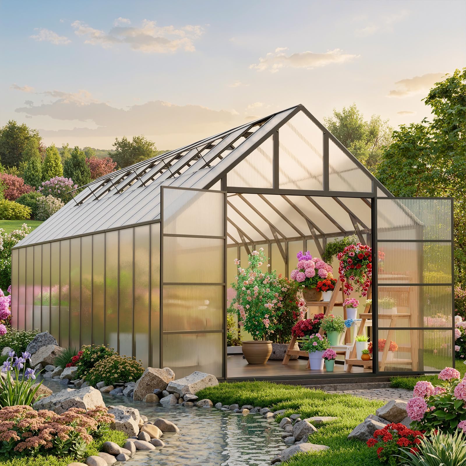 K Knowbody 16x10x10 FT Greenhouse for Outdoors, Large Thicker Aluminum Polycarbonate, 3 Vent Windows, Swing Door & Quick T Connector, Walk-in, for Outside, Backyard, Garden