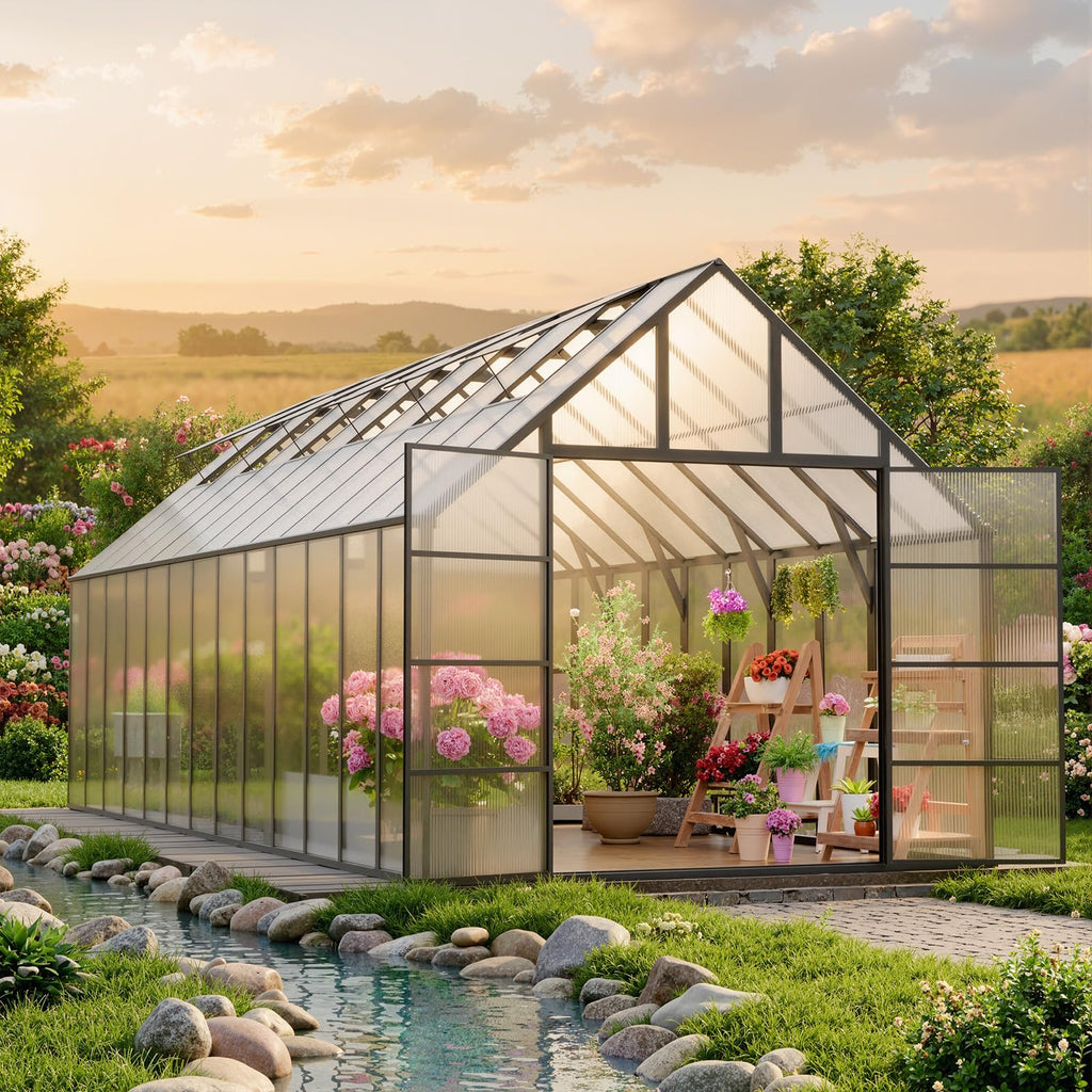 K Knowbody 16x10x10 FT Greenhouse for Outdoors, Large Thicker Aluminum Polycarbonate, 3 Vent Windows, Swing Door & Quick T Connector, Walk-in, for Outside, Backyard, Garden