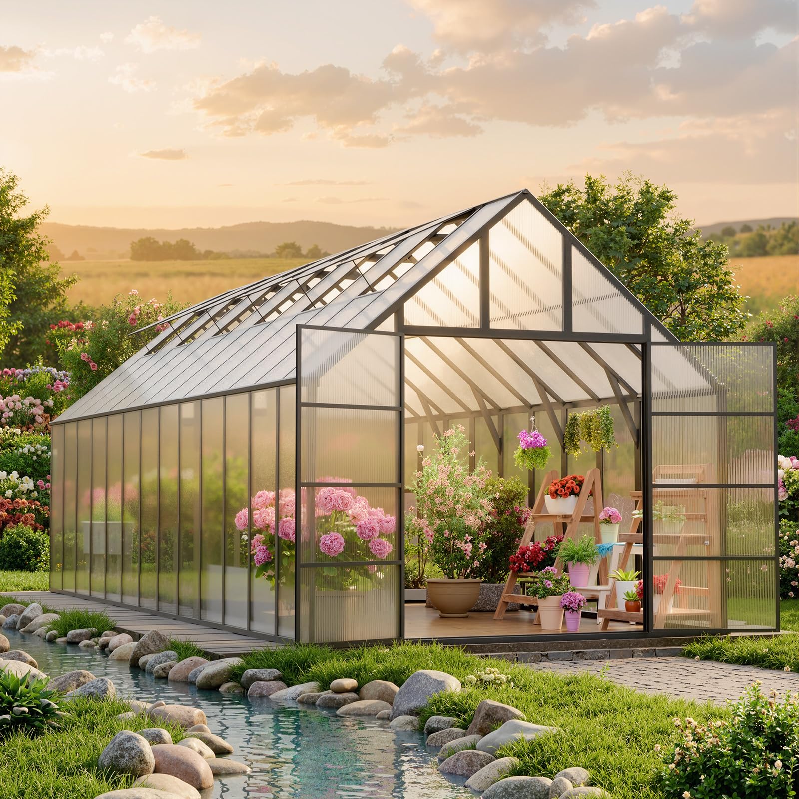 K Knowbody 16x10x10 FT Greenhouse for Outdoors, Large Thicker Aluminum Polycarbonate, 3 Vent Windows, Swing Door & Quick T Connector, Walk-in, for Outside, Backyard, Garden