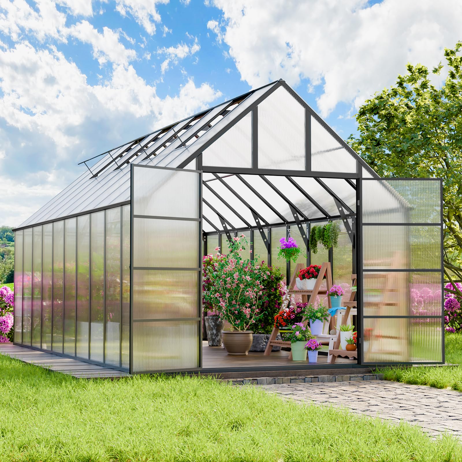 K Knowbody 16x10x10 FT Greenhouse for Outdoors, Large Thicker Aluminum Polycarbonate, 3 Vent Windows, Swing Door & Quick T Connector, Walk-in, for Outside, Backyard, Garden