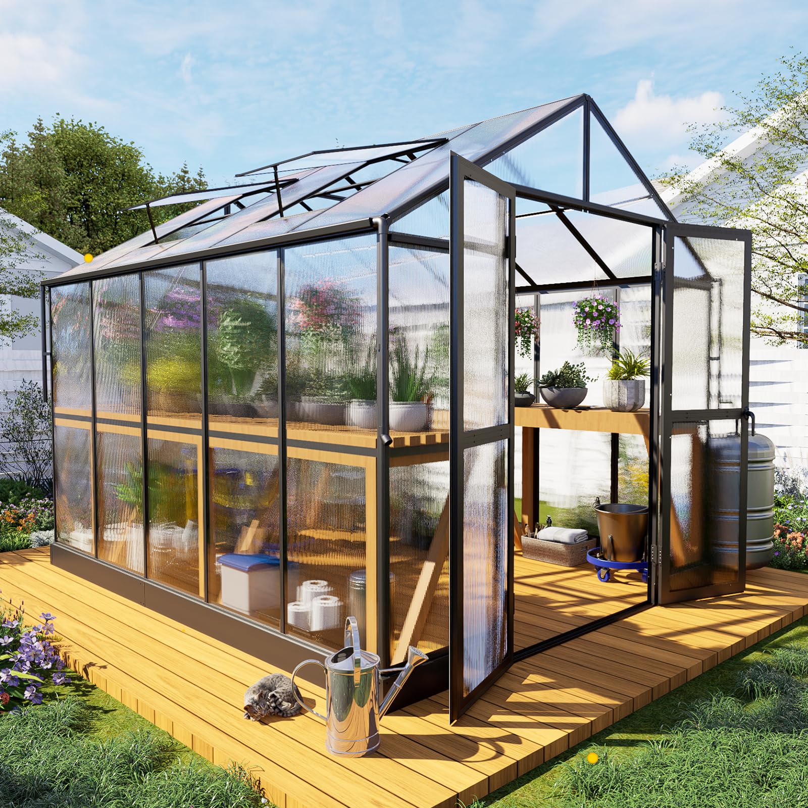 HOWE 10x18x8.4FT Polycarbonate Greenhouse, Heavy Duty Greenhouse for Outdoors with 4 Vent Windows, Black
