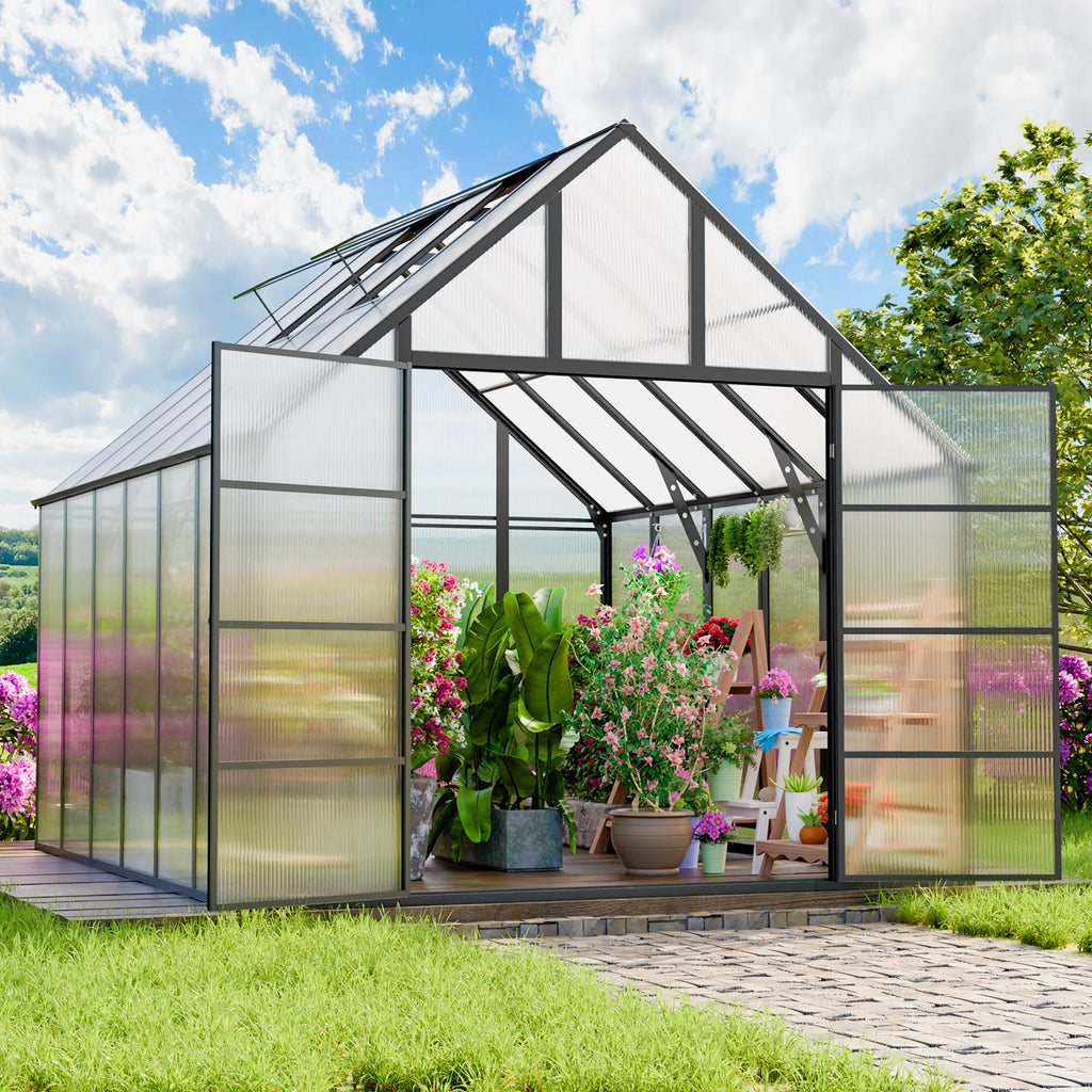 K Knowbody 16x10x10 FT Greenhouse for Outdoors, Large Thicker Aluminum Polycarbonate, 3 Vent Windows, Swing Door & Quick T Connector, Walk-in, for Outside, Backyard, Garden