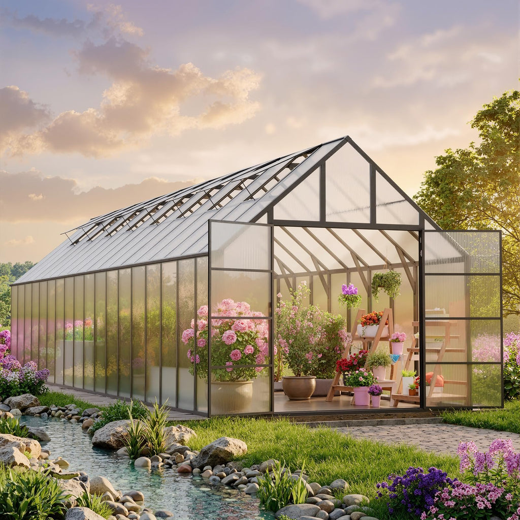 K Knowbody 16x10x10 FT Greenhouse for Outdoors, Large Thicker Aluminum Polycarbonate, 3 Vent Windows, Swing Door & Quick T Connector, Walk-in, for Outside, Backyard, Garden