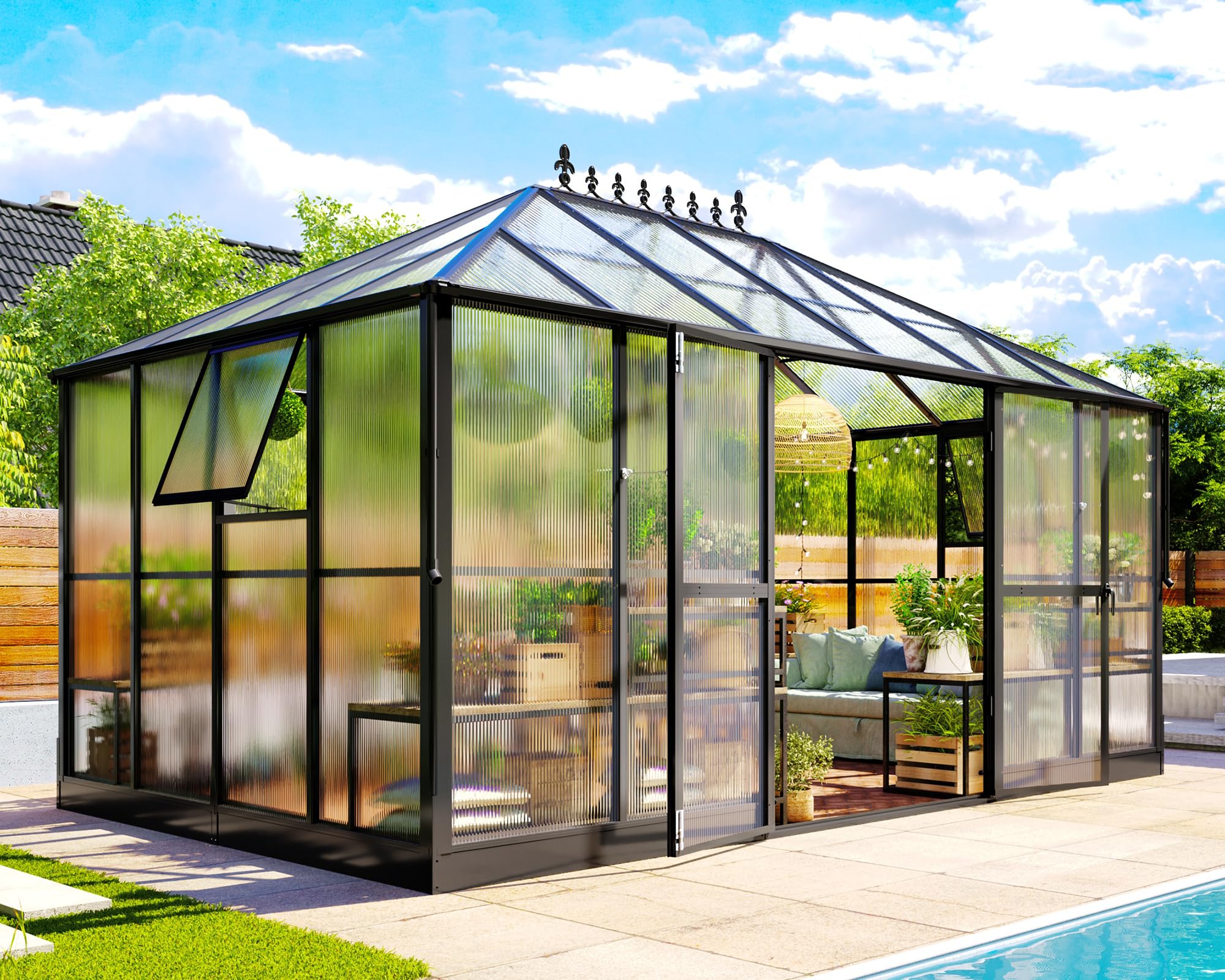 Jocisland 16x12x9.5 FT Polycarbonate Greenhouse- 6 FT Wall Height Outdoor Aluminum Greenhouses with 2 Ventilation and Rain Gutter, Double Doors with Hook, Walk-in Greenhouse for Backyard Garden