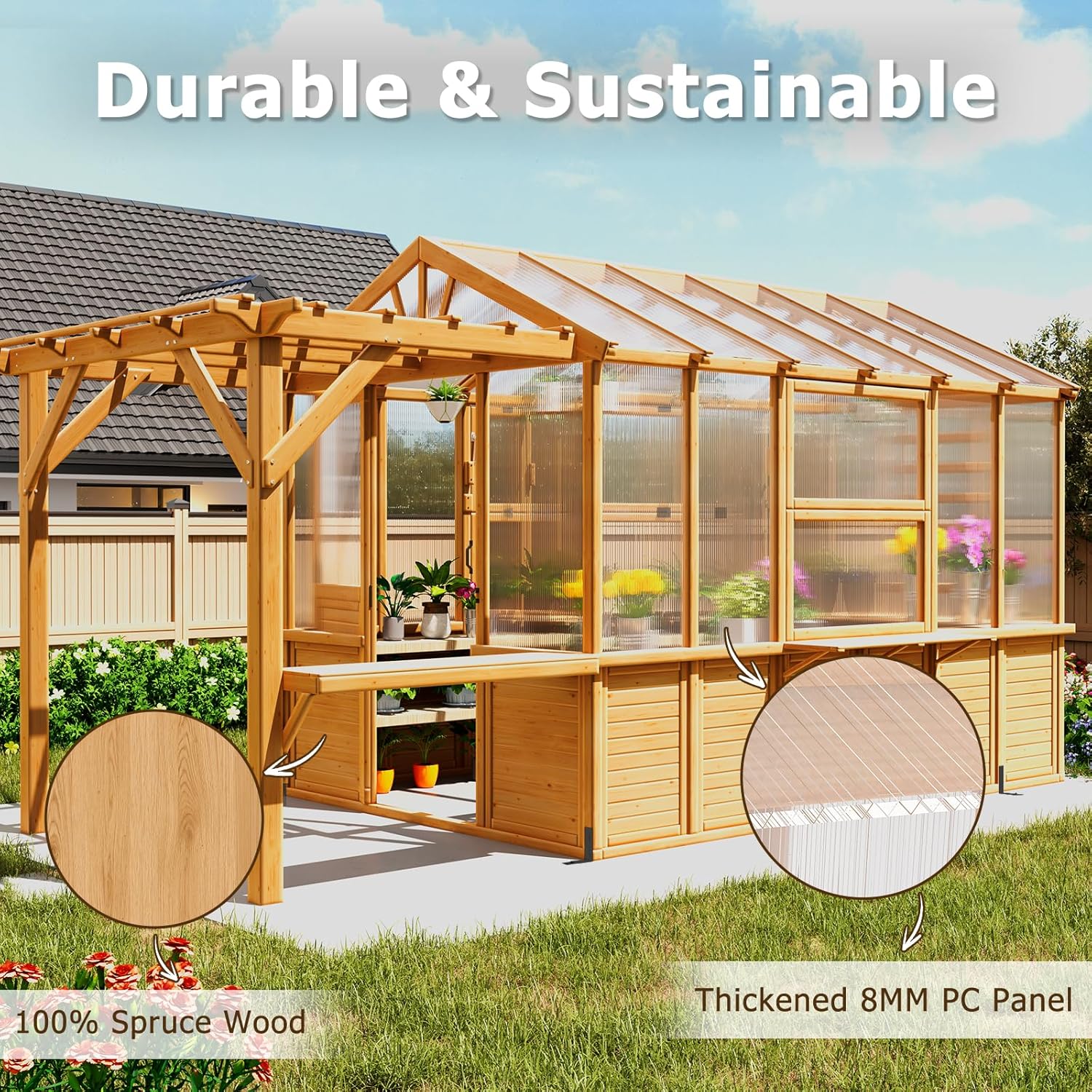 EROMMY 7x16 FT Spruce Wood Greenhouse with Pergola, Large Walk-in Polycarbonate Greenhouse Kit with Top-Hung Windows, Built-in Workstation and Staging Shelves for Backyard Garden
