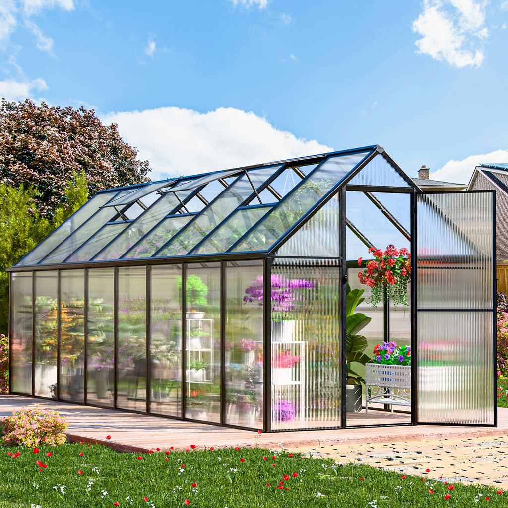 CDCASA 10x36 FT Greenhouse for Outdoors,Large Easy Assembly Thicker Aluminum Polycarbonate Greenhouses w/8 Windows, Double Door, Walk-in Green House for Outside,Patio,Backyard,Garden