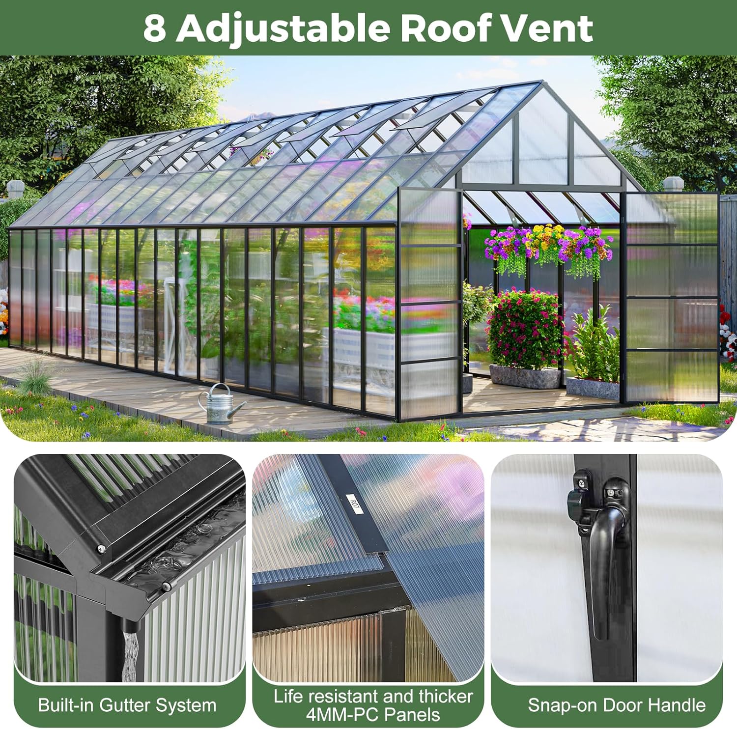 CDCASA 10x36 FT Greenhouse for Outdoors,Large Easy Assembly Thicker Aluminum Polycarbonate Greenhouses w/8 Windows, Double Door, Walk-in Green House for Outside,Patio,Backyard,Garden