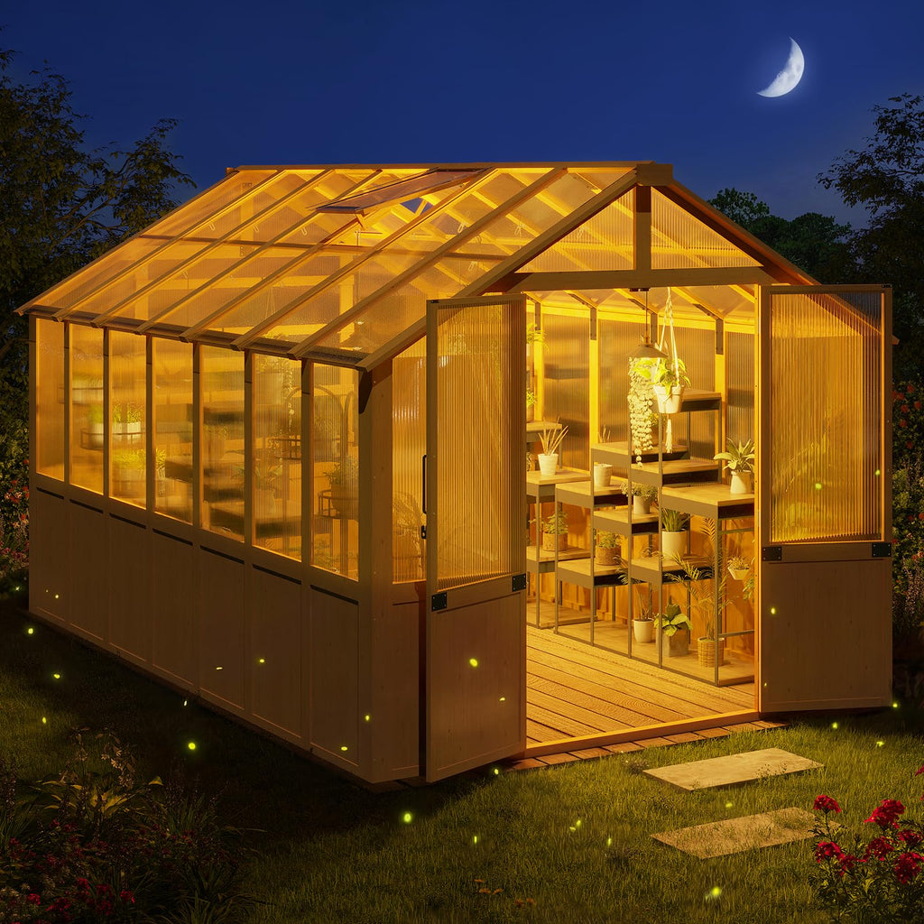 EROMMY 7x16 FT Spruce Wood Greenhouse with Pergola, Large Walk-in Polycarbonate Greenhouse Kit with Top-Hung Windows, Built-in Workstation and Staging Shelves for Backyard Garden