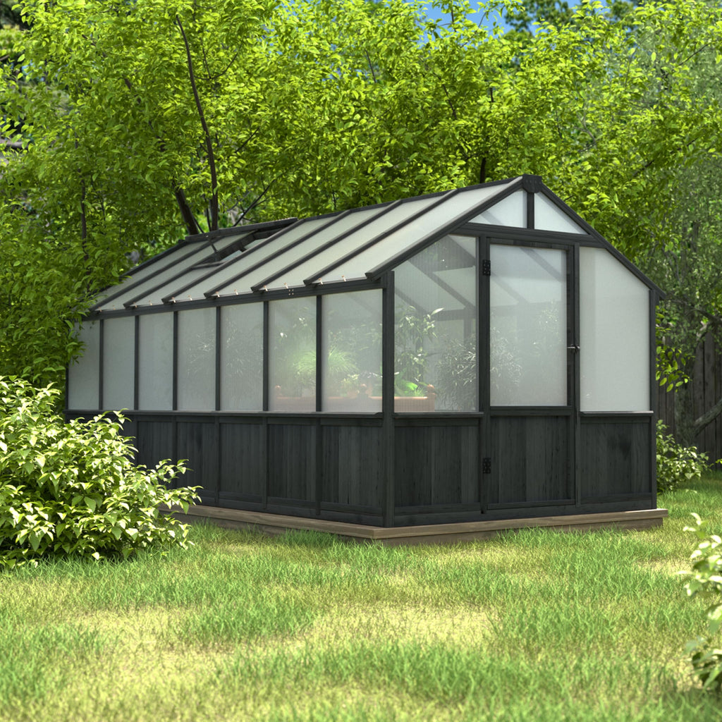 Yardenaler 8x16 FT Greenhouse for Outdoor, 6MM Thick Polycarbonate Panel Wooden Walk-in Green House with Adjustable Roof Vents and Lockable Door, Backyard Garden, Light Mocha Brown