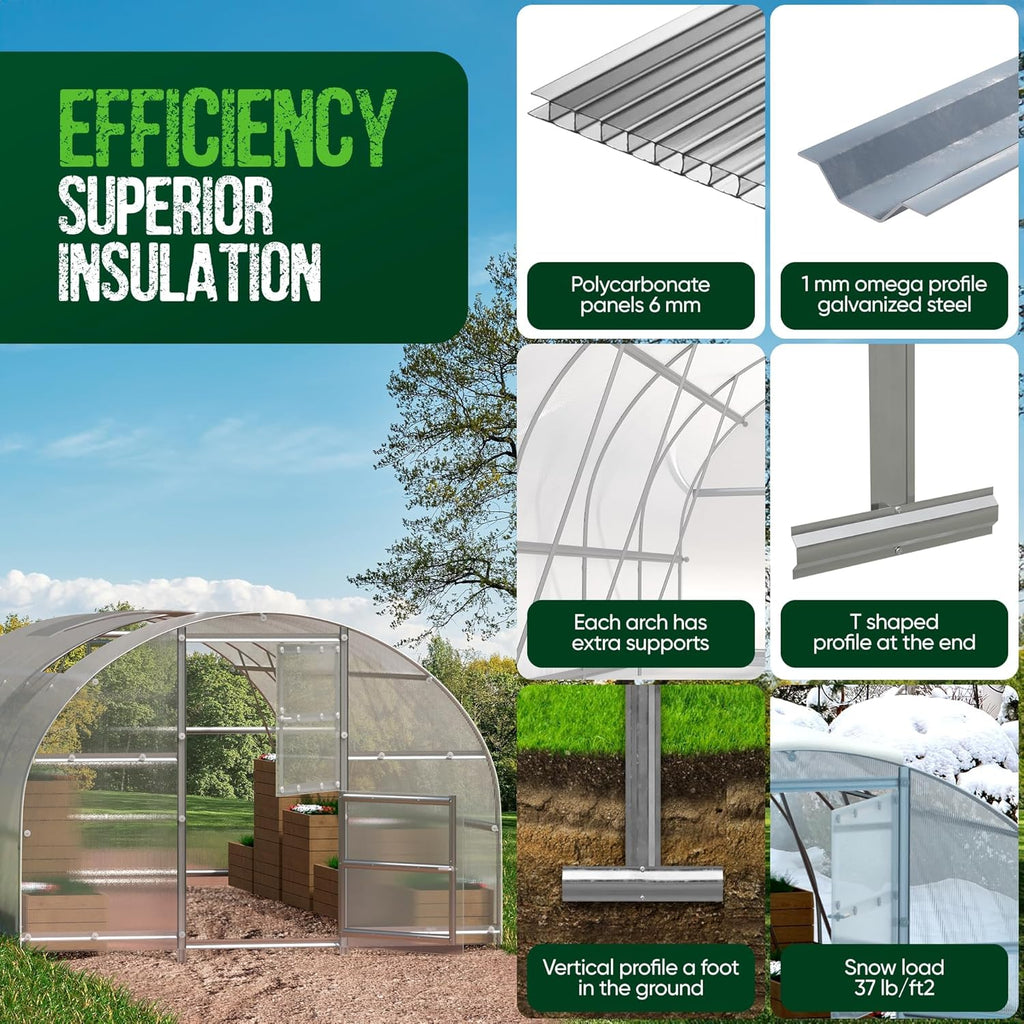 Polycarbonate Greenhouse Kit - Greenhouse 10x20 ft. (0.02 ft. Thick) - Easy Assembly & Heavy Duty Greenhouses for Outdoors- with Vents and Extra Door