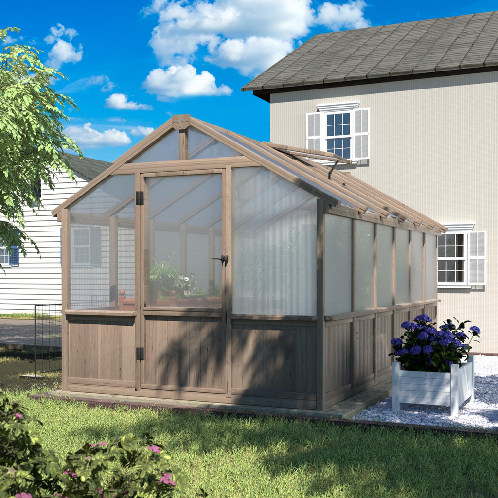 Yardenaler 8x16 FT Greenhouse for Outdoor, 6MM Thick Polycarbonate Panel Wooden Walk-in Green House with Adjustable Roof Vents and Lockable Door, Backyard Garden, Light Mocha Brown