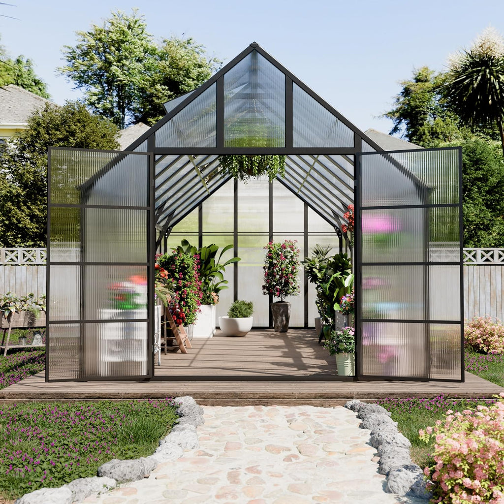 10x20 FT Greenhouse for Outdoor, Large Easy Assembly Heavy Duty Polycarbonate Panels Aluminum Frame Walk-in Green House with 3 Windows Wider Door for Garden Plants